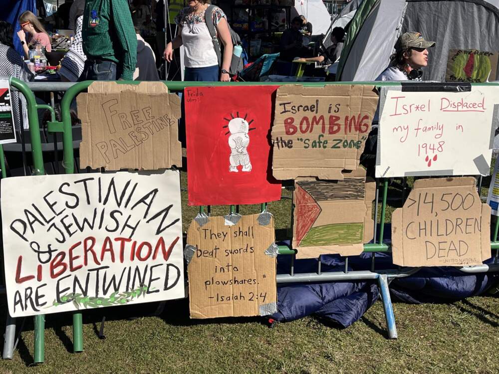 Signs at MIT encampment May 7, 2024 (Barbara Moran/WBUR)