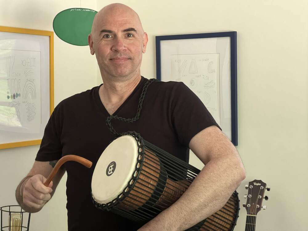 Eric Shimelonis plays the talking drum, which has been used not just to play music, but to transmit messages! (courtesy of Rebecca Sheir)
