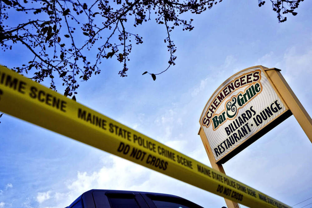 Crime scene tape still surrounds Schemengees Bar & Grille, Oct. 29, 2023, in Lewiston, Maine. (Matt York/AP)