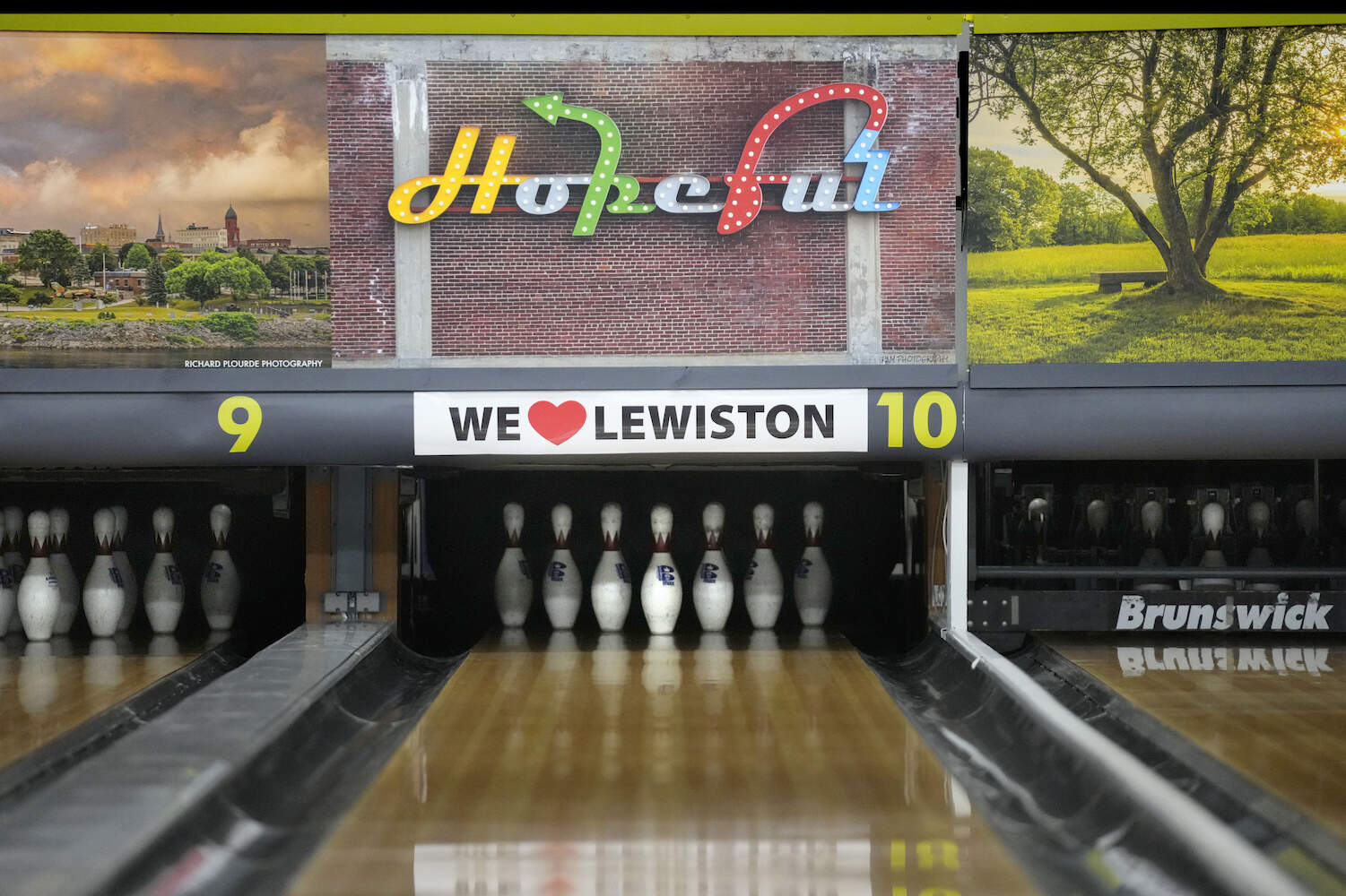 Photos of local scenes have been added to the decor at Just-In-Time Recreation, Wednesday, May 1, 2024, in Lewiston, Maine. (Robert F. Bukaty/AP)