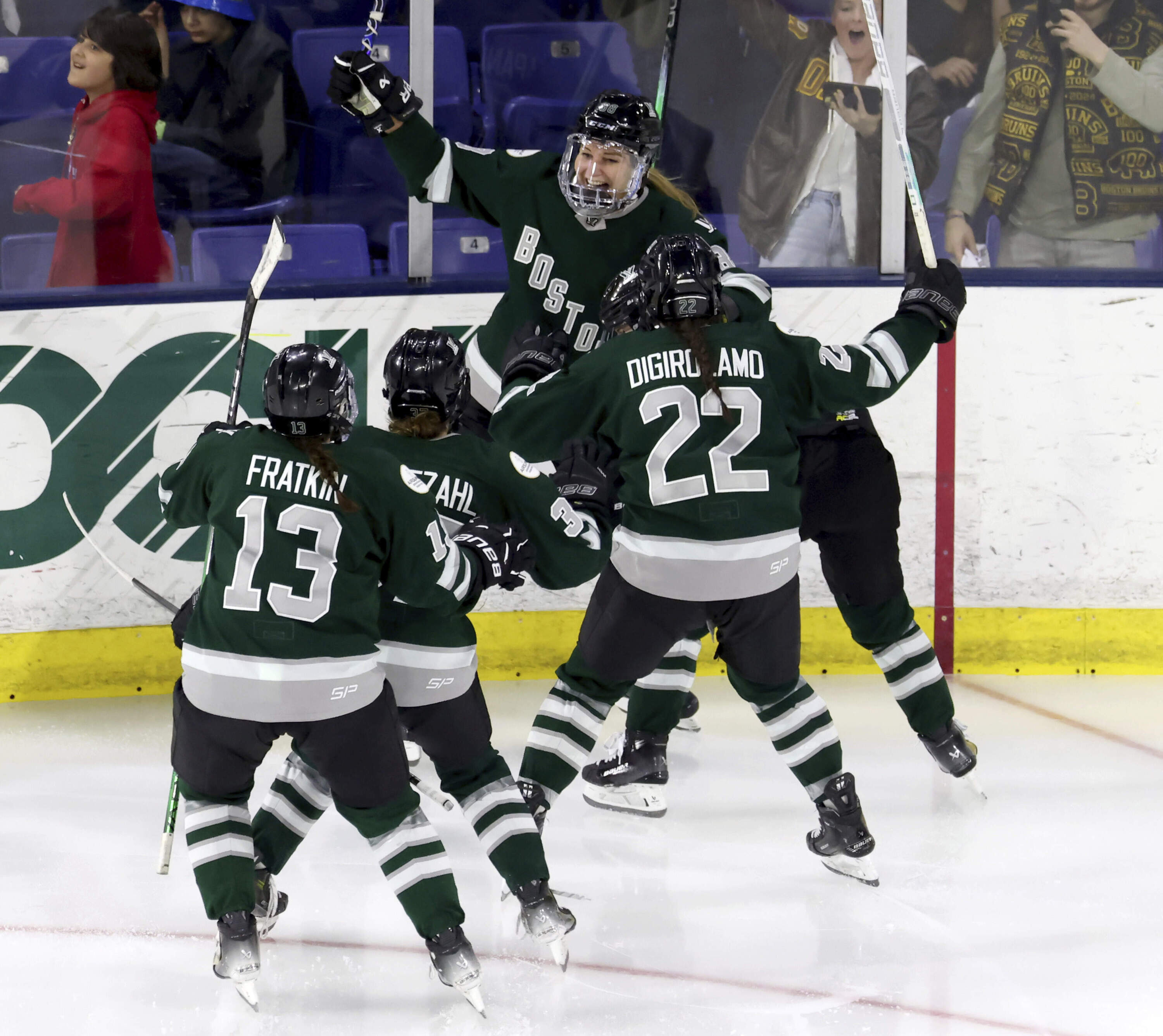 Boston forward Susanna Tapani, rear, celebrates her overtime goal against Montreal in a PWHL playoff hockey game Tuesday, May 14, 2024, in Lowell, Mass. (Mark Stockwell/AP)