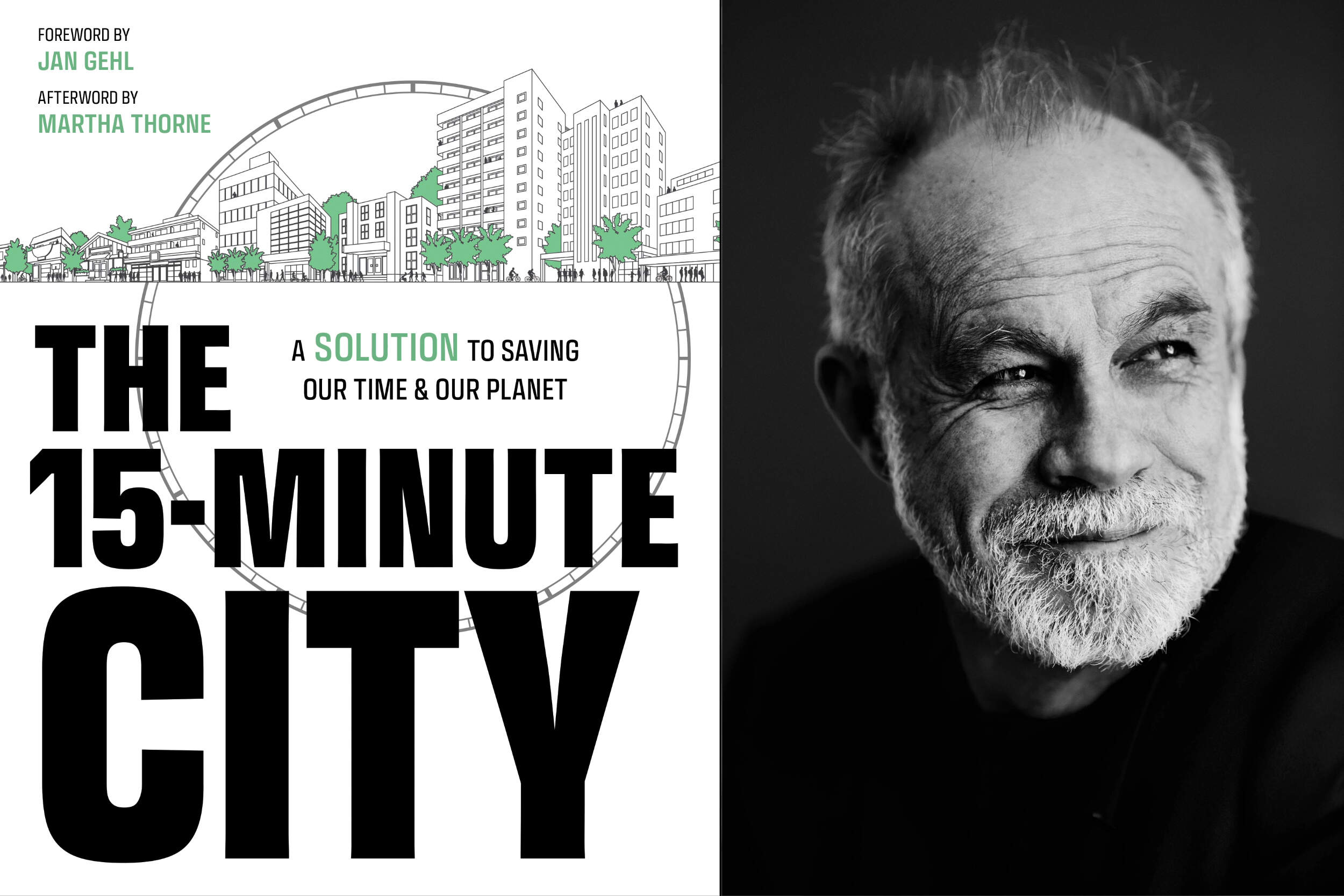 The cover of "The 15-Minute City: A Solution to Saving Our Time and Our Planet" beside author Carlos Moreno. (Courtesy)