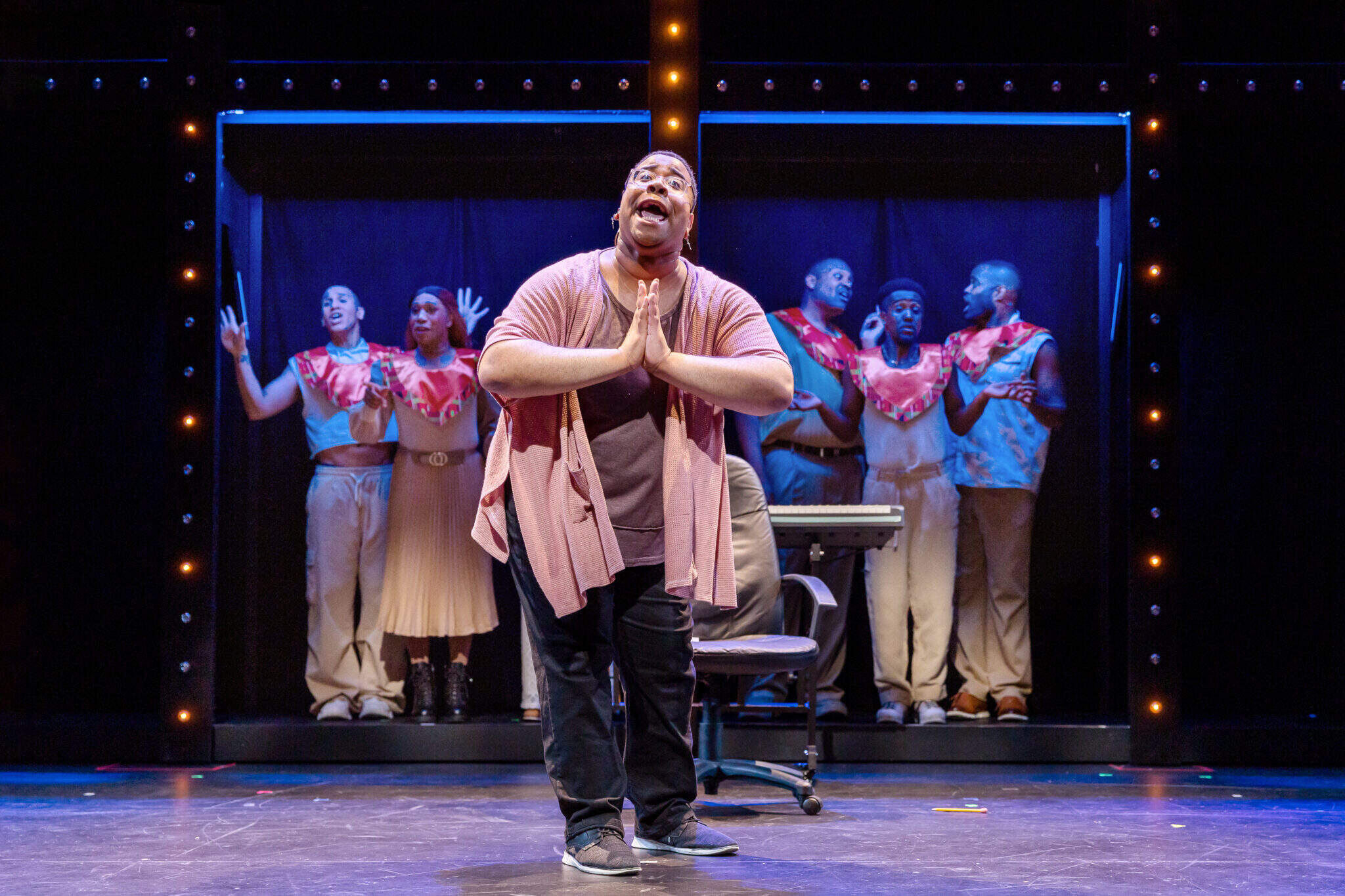 Kai Clifton (center) and the company of "A Strange Loop." (Courtesy Maggie Hall Photography)