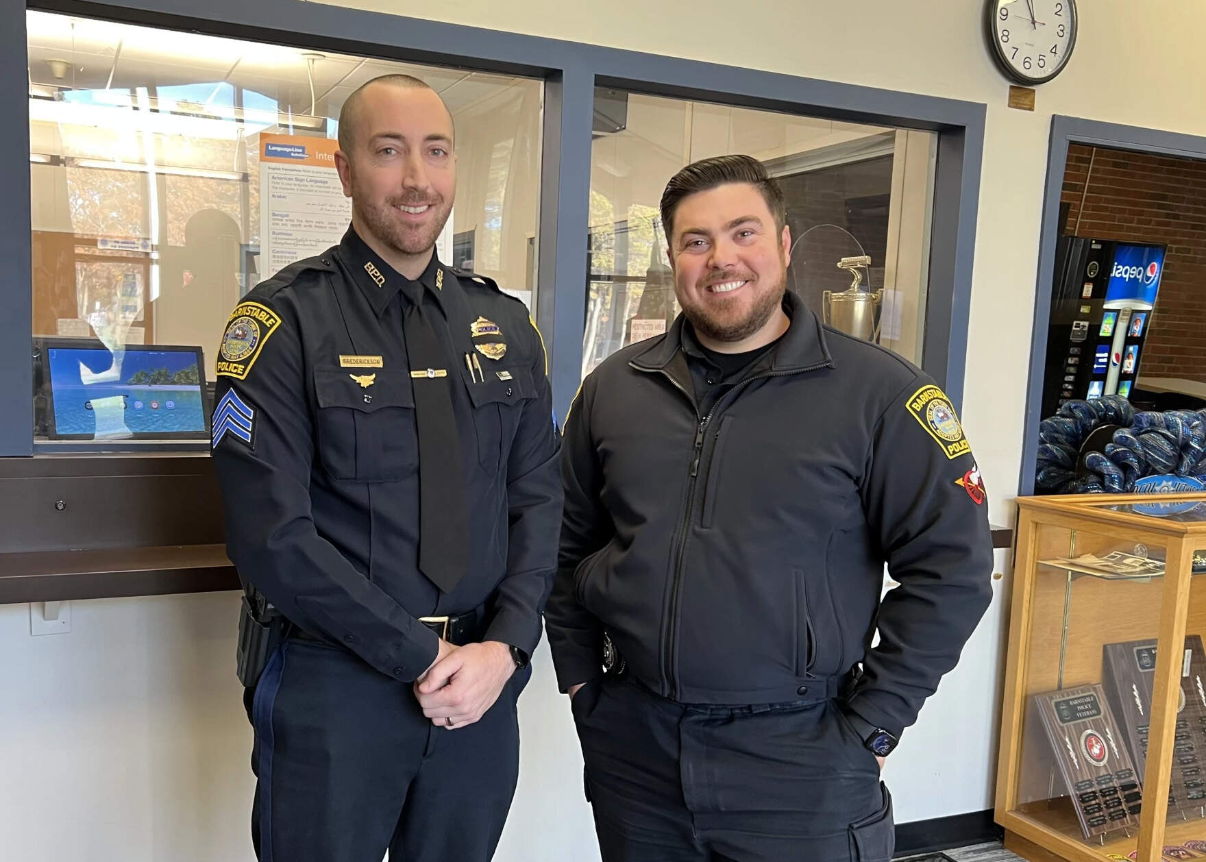 Barnstable Police Sgt. Corey Frederickson, left, and Officer Brandon Sanders talked about the high cost of housing on Cape Cod and its effect on officers and the department. (Jennette Barnes/CAI)