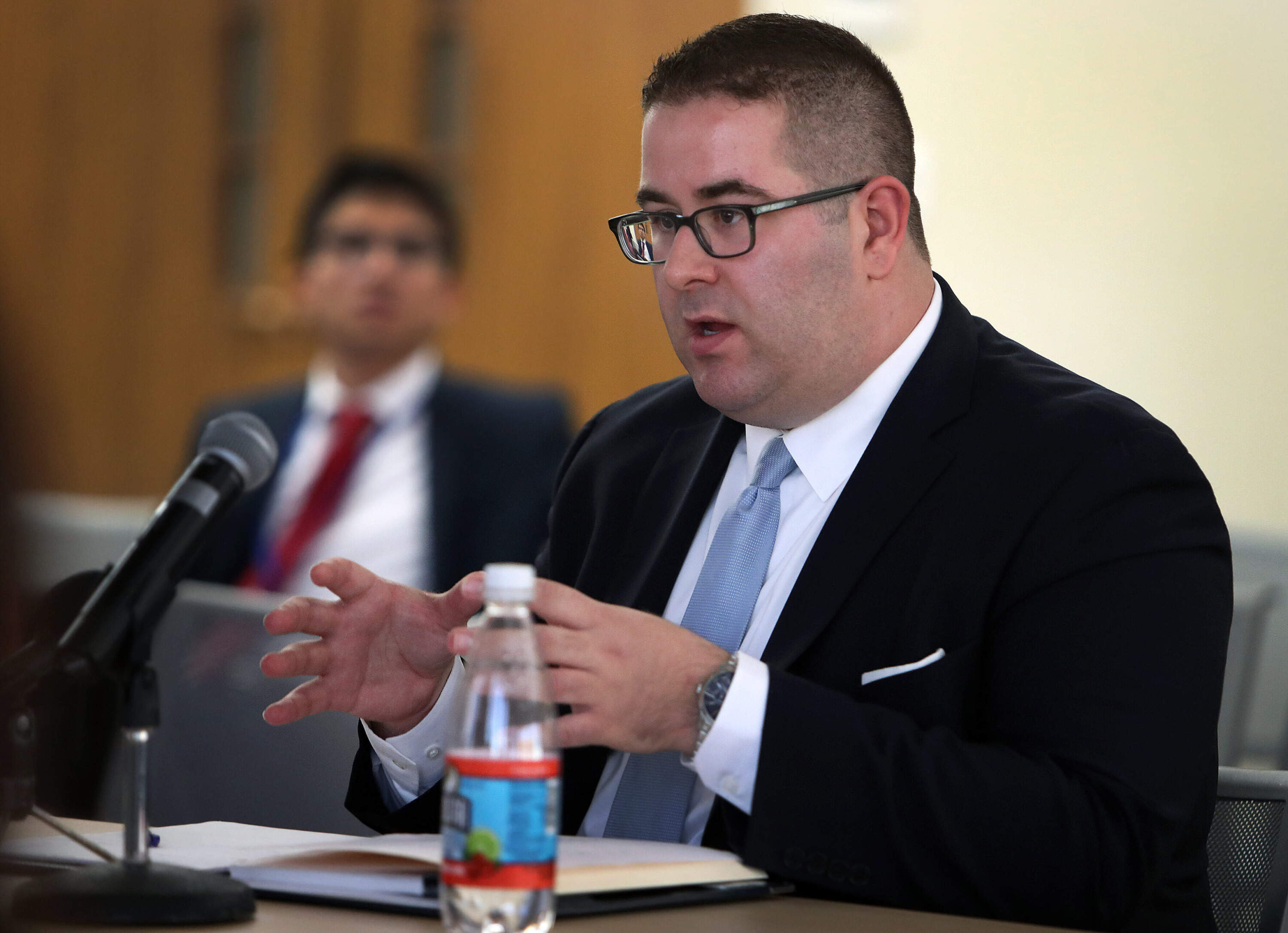 Shawn Collins during his finalist interviews for executive director of the Cannabis Control Commission in Boston in October 2017. (Jim Davis/The Boston Globe via Getty Images)