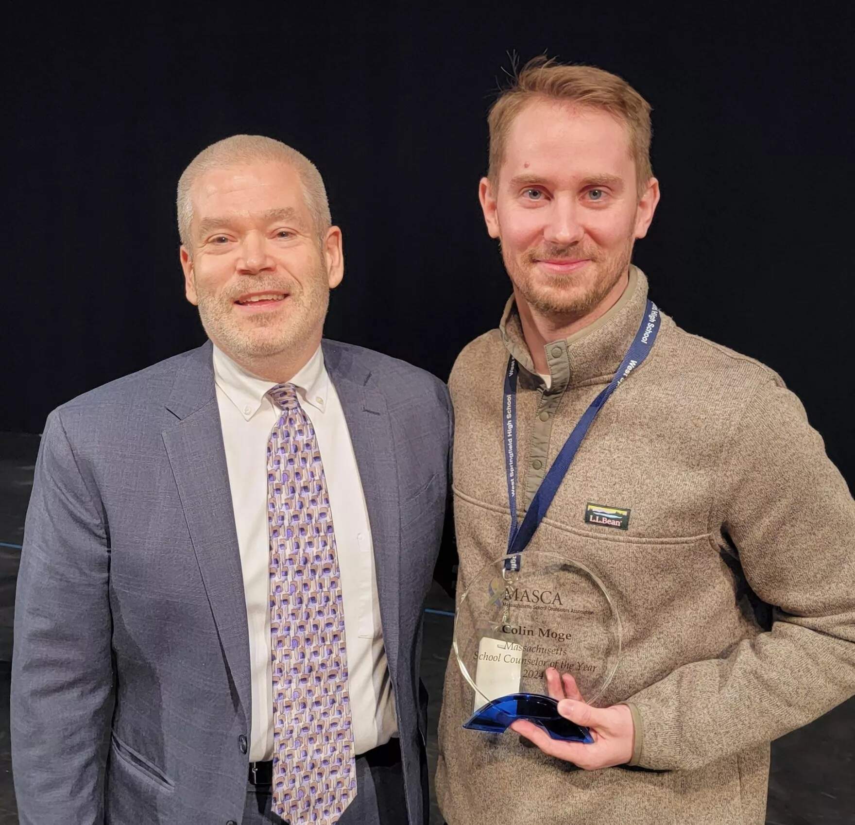 Bob Bardwell, left, is the executive director of the Massachusetts School Counselor Association. On the right, West Springfield High School counselor Colin Moge is the 2024 Massachusetts School Counselor of the Year. (MASCA via NEPM)