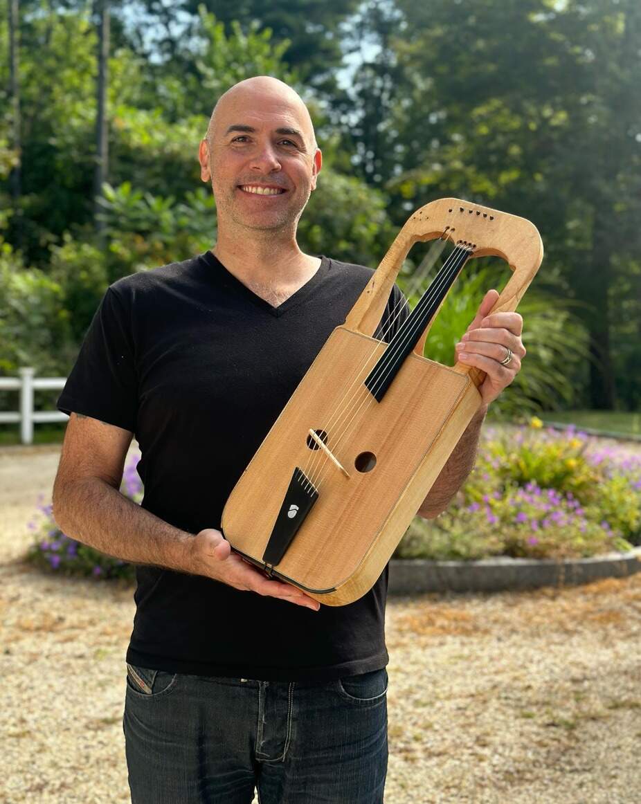 Eric Shimelonis is part of a small worldwide group resurrecting the crwth. This crwth was handmade by B. Scott Simon of Undermountain. (Courtesy of Rebecca Sheir)