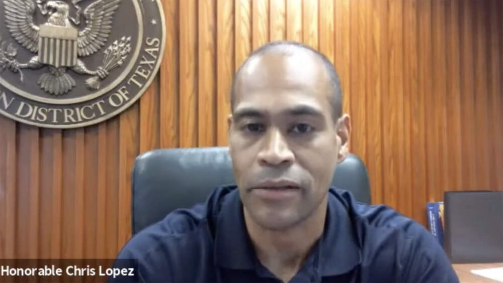 Bankruptcy Judge Christopher Lopez speaks about his career to young lawyers. (Screenshot from a 2021 Houston Young Lawyers Association video posted to YouTube)