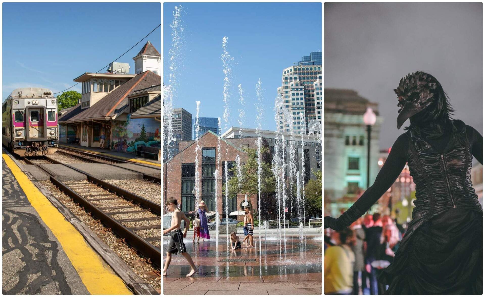 A commuter rail MBTA train pulls into Concord station, children cool off in the Rings Fountain on the Rose Kennedy Greenway, and a performer at the WaterFire festival. (Robin Lubbock/WBUR and courtesy of GoProvidence)