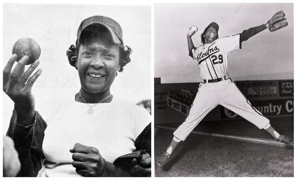Toni Stone poses with a baseball in 1953, left, and playing for the Negro League's Indianapolis Clowns in an undated photograph on the right. (Courtesy Huntington Theatre)