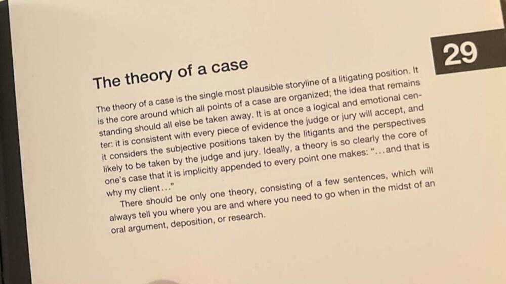 A photo taken by Shane and sent to Amory, the definition of "the theory of a case," according to the book "101 Things I Learned in Law School." (Photo courtesy of Shane Correia.)
