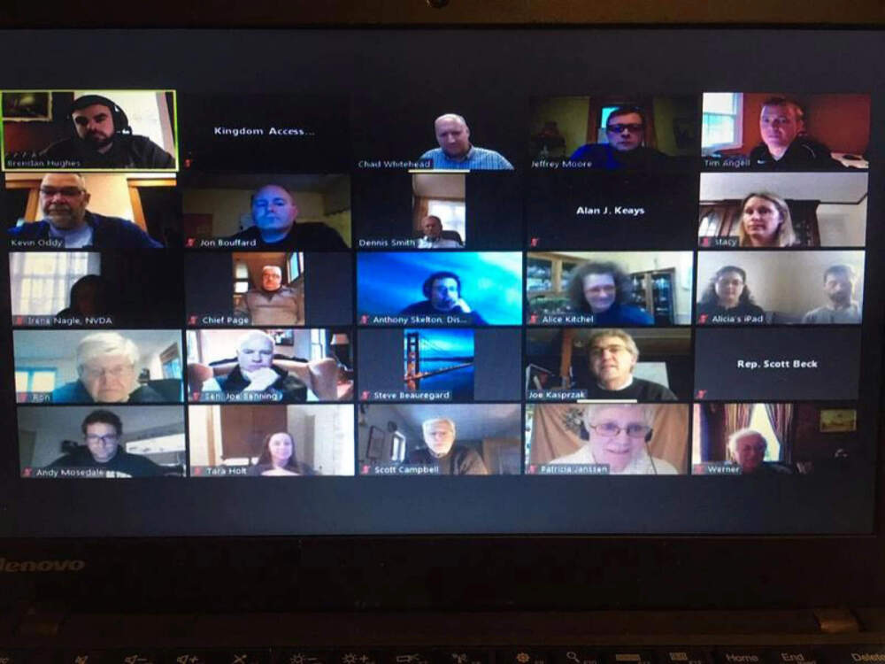 The St. Johnsbury Select Board meets in April 2020. As COVID-19 began spreading across Vermont, lawmakers were forced to put together a new law that allowed boards to meet remotely. (Peter Hirschfeld/VPR)