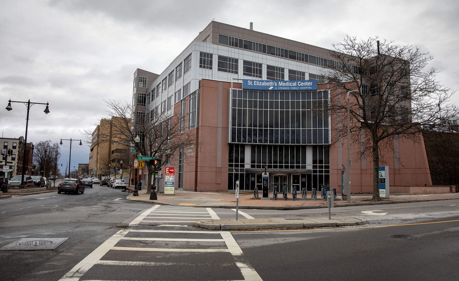 St. Elizabeth's Medical Center, a Steward Health Care family hospital in Brighton, Massachusetts. (Robin Lubbock/WBUR)