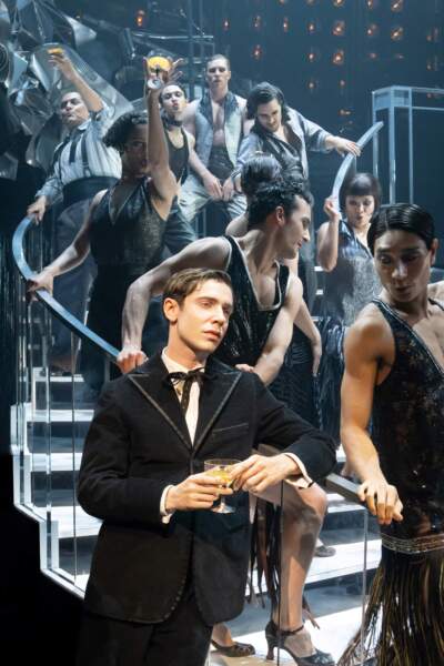 Ben Levi Ross and members of the ensemble in the A.R.T. world premiere of &quot;Gatsby.&quot; (Courtesy Julieta Cervantes)
