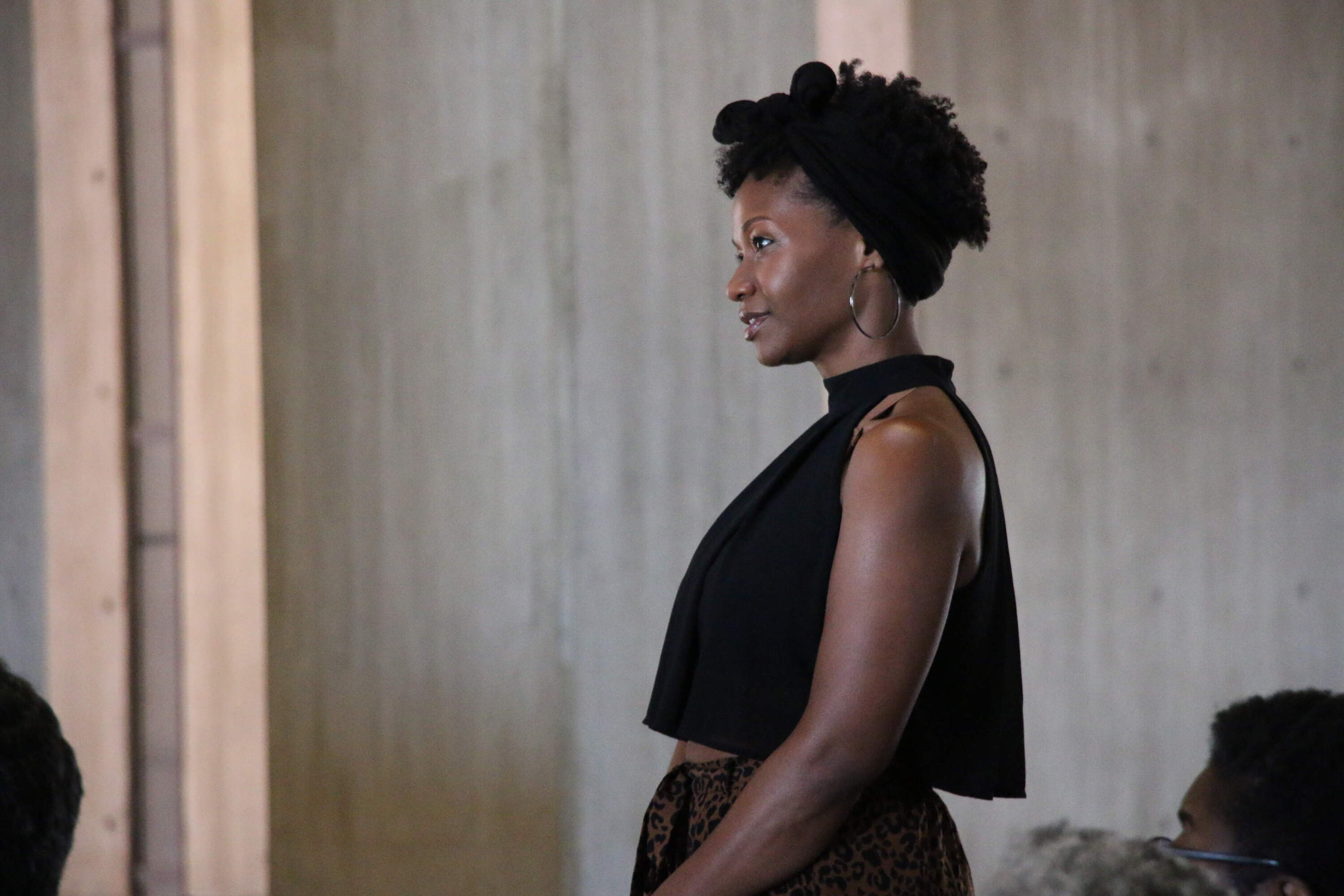 During the announcement, Eunice Woods performed a scene from Mfoniso Udofia's &quot;Sojourners&quot; at Boston City Hall. (Courtesy Huntington Theatre/Zach Mega)