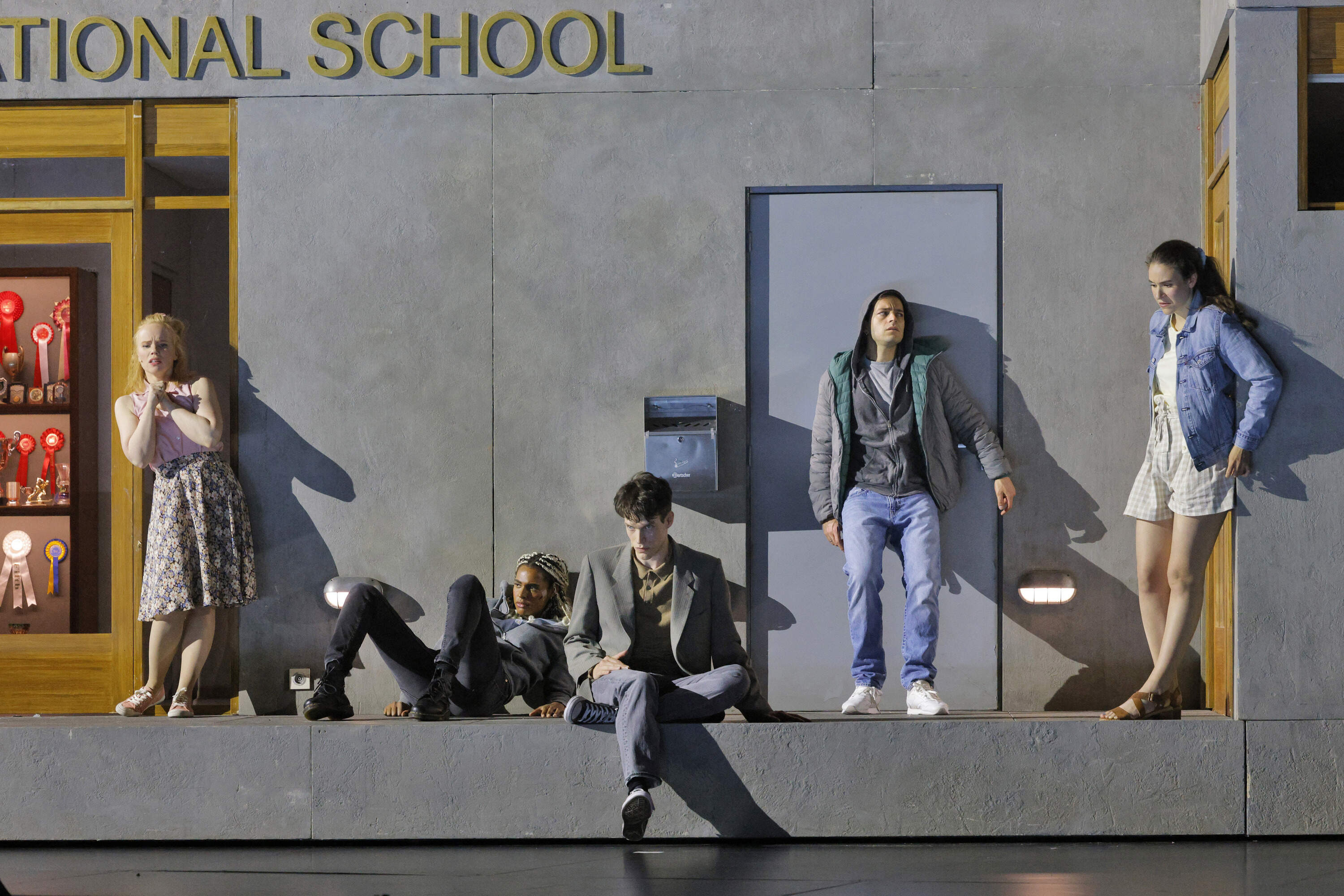 Beate Mordal as Student #2 (Lilly), Julie Hega as Student #3 (Iris), Rowan Kievits as Student #4 (Anton), Camilo Delgado Díaz as Student #5 (Jerónimo), and Marina Dumont as Sudent #6 (Alexia) in "Innocence" by Kaija Saariaho, Sofi Oksanen, and Aleksi Barrière. (Cory Weaver/San Francisco Opera)