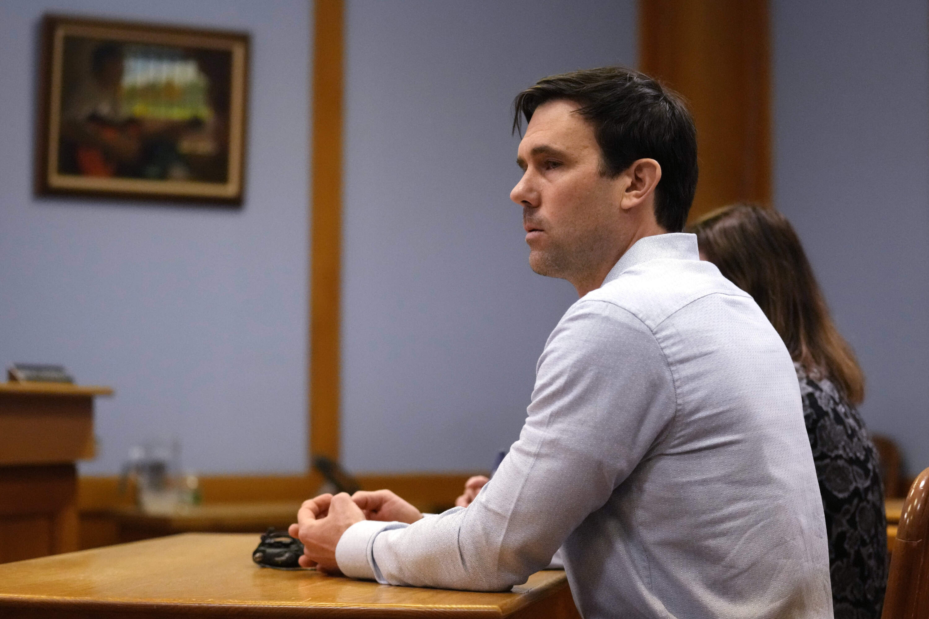 James Parker listens to the parole board decision during his parole hearing, Thursday, April 18, 2024, in Concord, N.H. (Charles Krupa/AP)