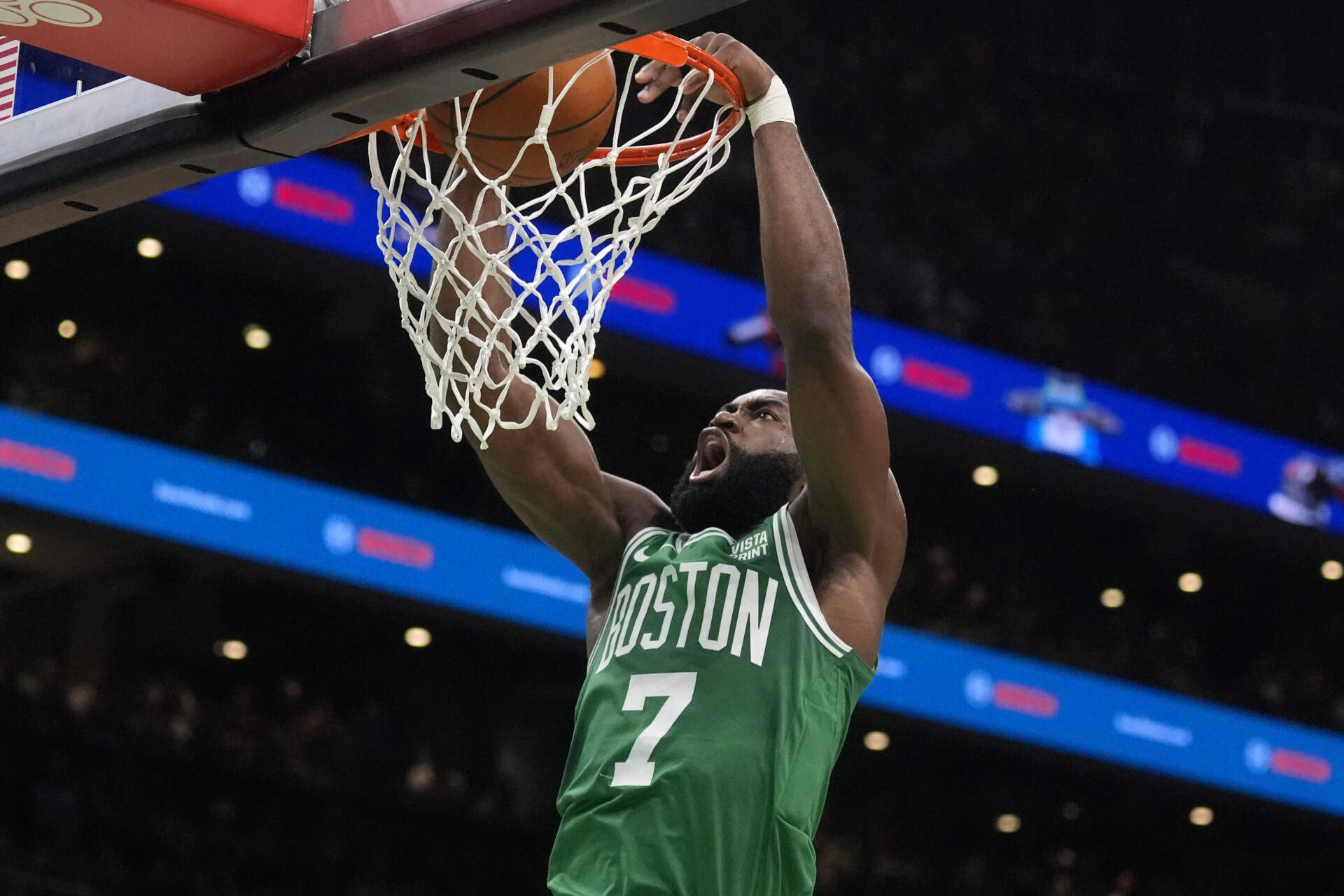 Boston Celtics guard Jaylen Brown dunks the ball during the first half of Game 5 of the NBA basketball finals against the Dallas Maverick. (Charles Krupa/AP)
