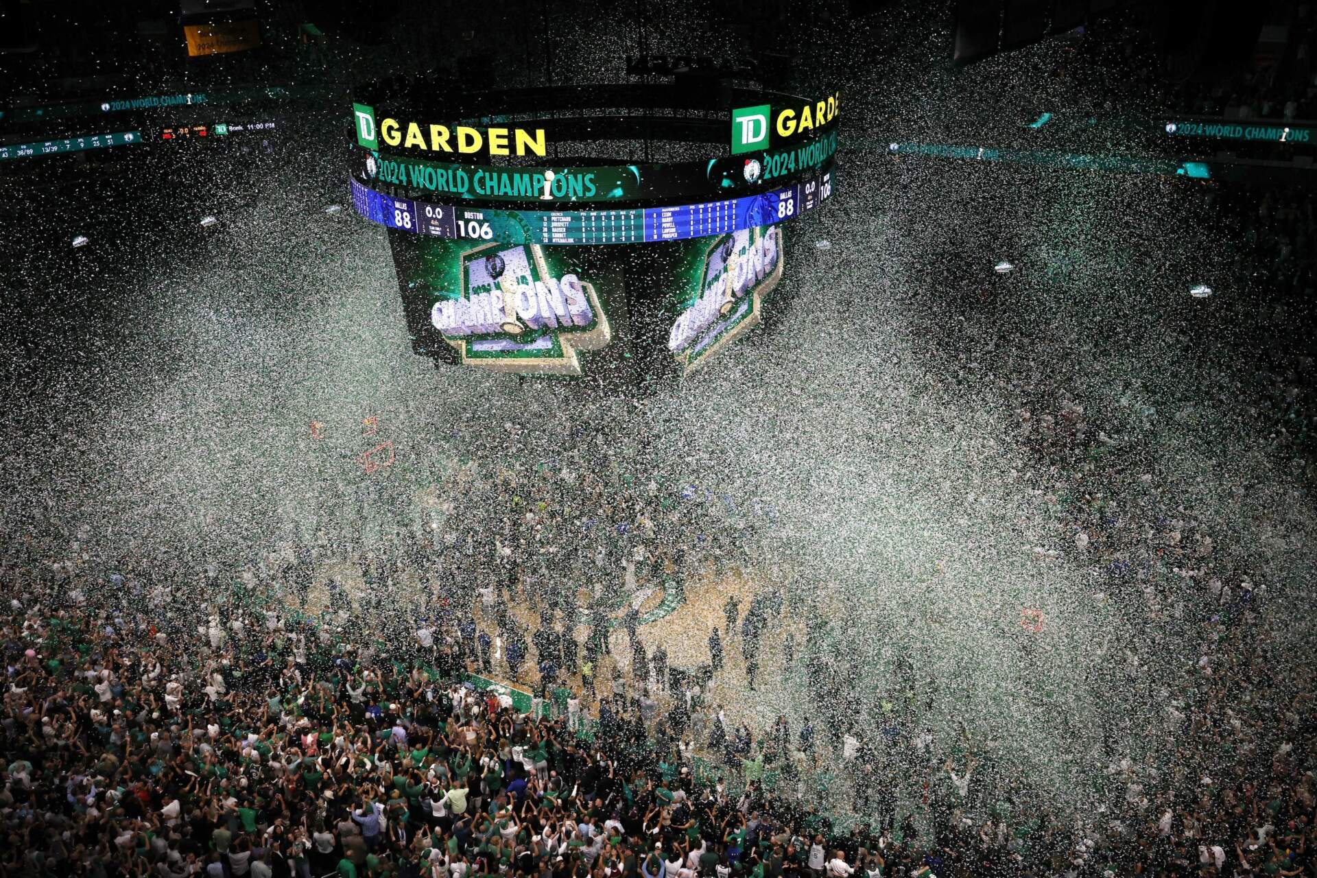 Confetti falls after the Boston Celtics defeated the Dallas Mavericks in Game 5 of the NBA basketball finals, Monday, June 17, 2024, in Boston. (Michael Dwyer/AP)