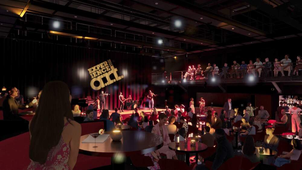In the new performance center, a “West Stage” will feature traditional theater productions, while a smaller “East Stage,” (pictured above) is shown in renderings with a bar and cocktail tables, will incubate new work. (Courtesy A.R.T.)