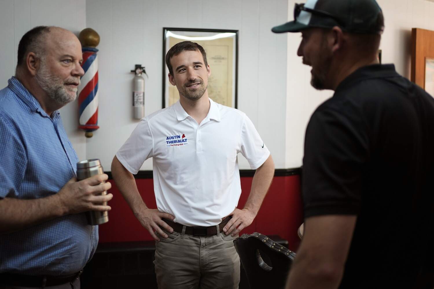 Maine Rep. Austin Theriault, R-Fort Kent, center, a former NASCAR driver, campaigns for Maine's 2nd Congressional District, Wednesday, June 5, 2024, in Farmington, Maine. Theriault is running against Rep. Mike Soboleski, R-Phillips, in the Maine primary on Tuesday, June 11. The winner will face Democrat U.S. Rep. Jared Golden in November. (Robert F. Bukaty/AP)