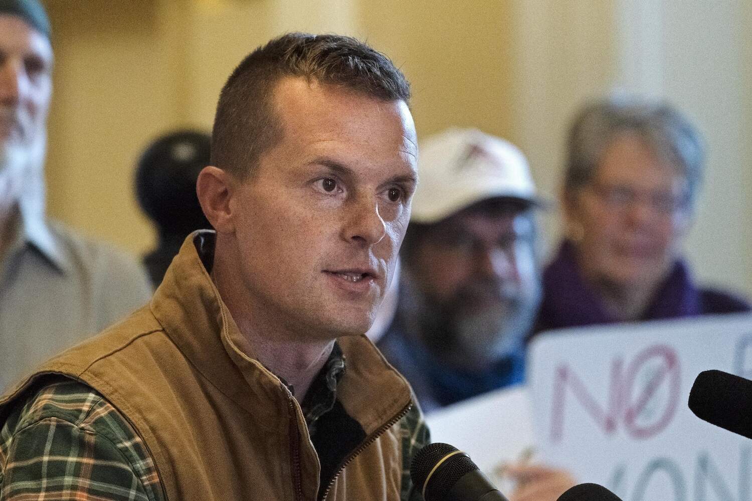 U.S. Rep. Jared Golden, D-Maine, speaks at a news conference, Nov. 1, 2022, at the Statehouse in Augusta, Maine. Golden, who is seeking reelection, will know his opponent after voters choose between Republicans Austin Theriault and Mike Soboleski in the Maine primary election on Tuesday, June 11, 2024. (Robert F. Bukaty/AP)