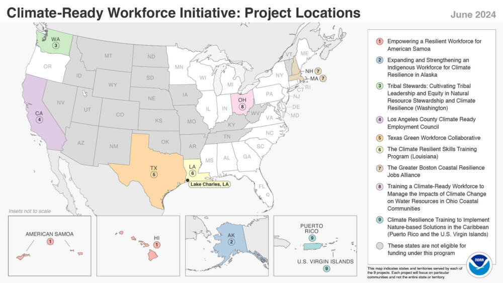 Map of coastal resilience workforce training grants, June 2024. Courtesy National Oceanic and Atmospheric Administration