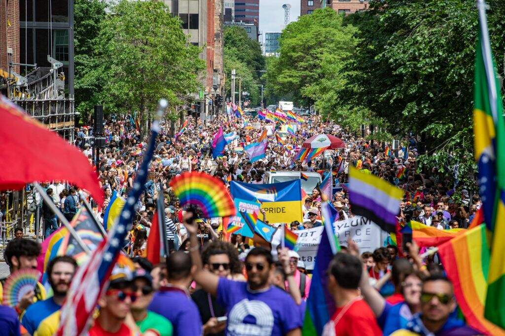 Revelers march during the Boston's Pride Parade in 2023. (Joseph Prezioso / AFP via Getty Images)