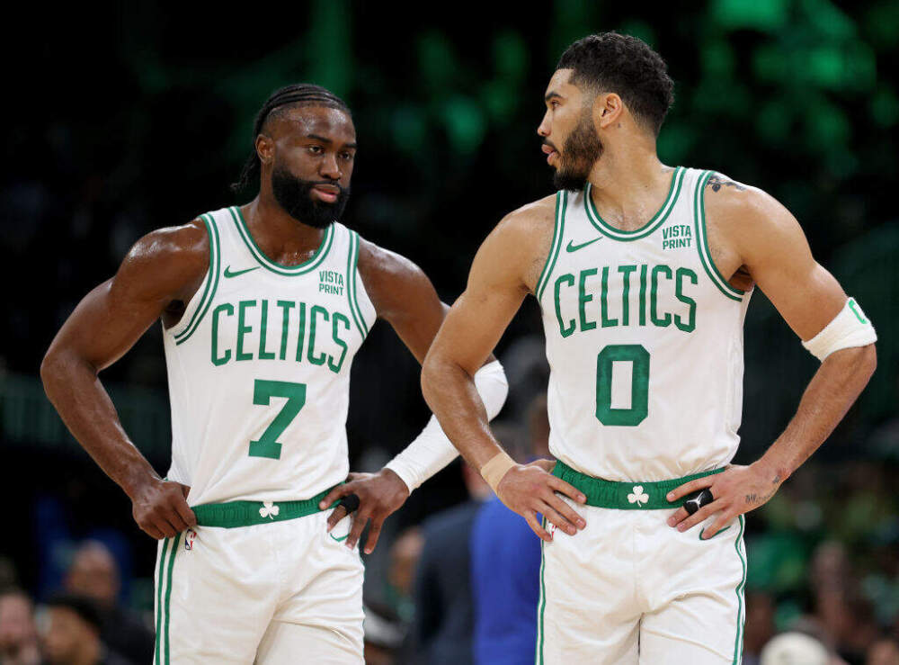 Jaylen Brown #7 and Jayson Tatum #0 of the Boston Celtics during the first half of the Eastern Conference Semifinals on May 7. (Matt Stone/MediaNews Group/Boston Herald via Getty Images)