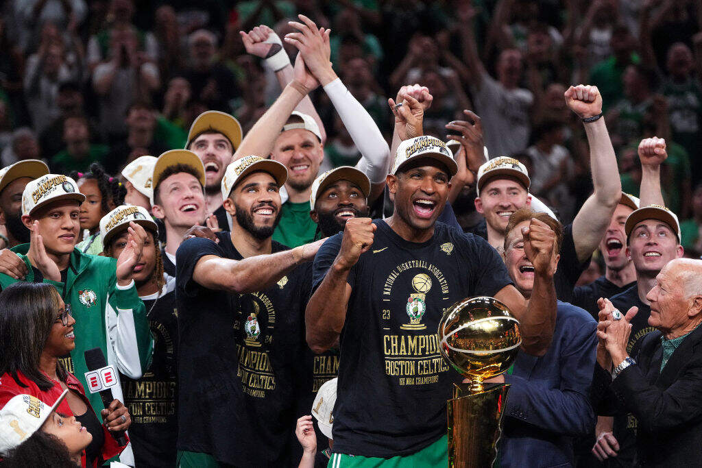 Boston Celtics center Al Horford celebrates after winning Game 5 of the 2024 NBA Finals on June 17. (Barry Chin/The Boston Globe via Getty Images)