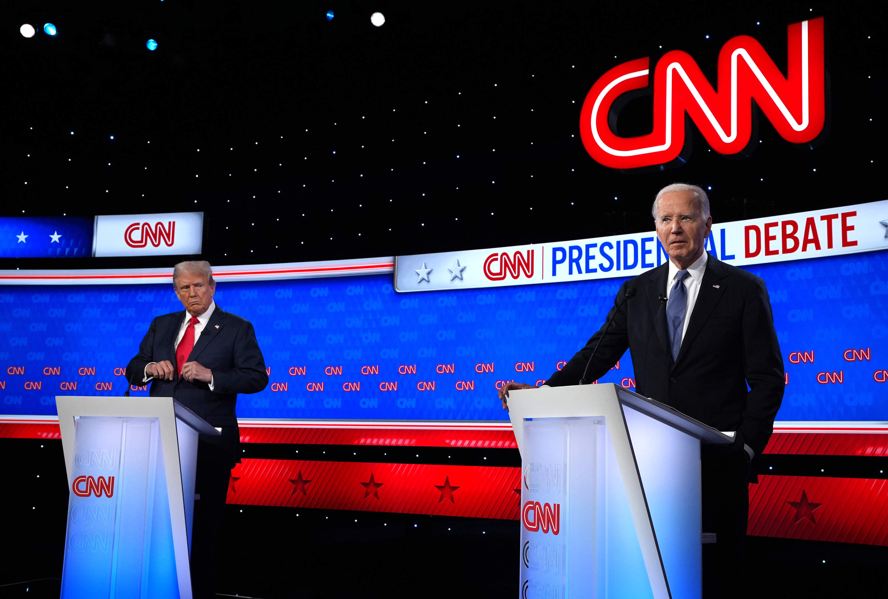 Republican presidential candidate, former U.S. President Donald Trump (L) looks at U.S. President Joe Biden during the CNN Presidential Debate at the CNN Studios on June 27, 2024 in Atlanta, Georgia. President Biden and former President Trump are facing off in the first presidential debate of the 2024 campaign. (Andrew Harnik/Getty Images)