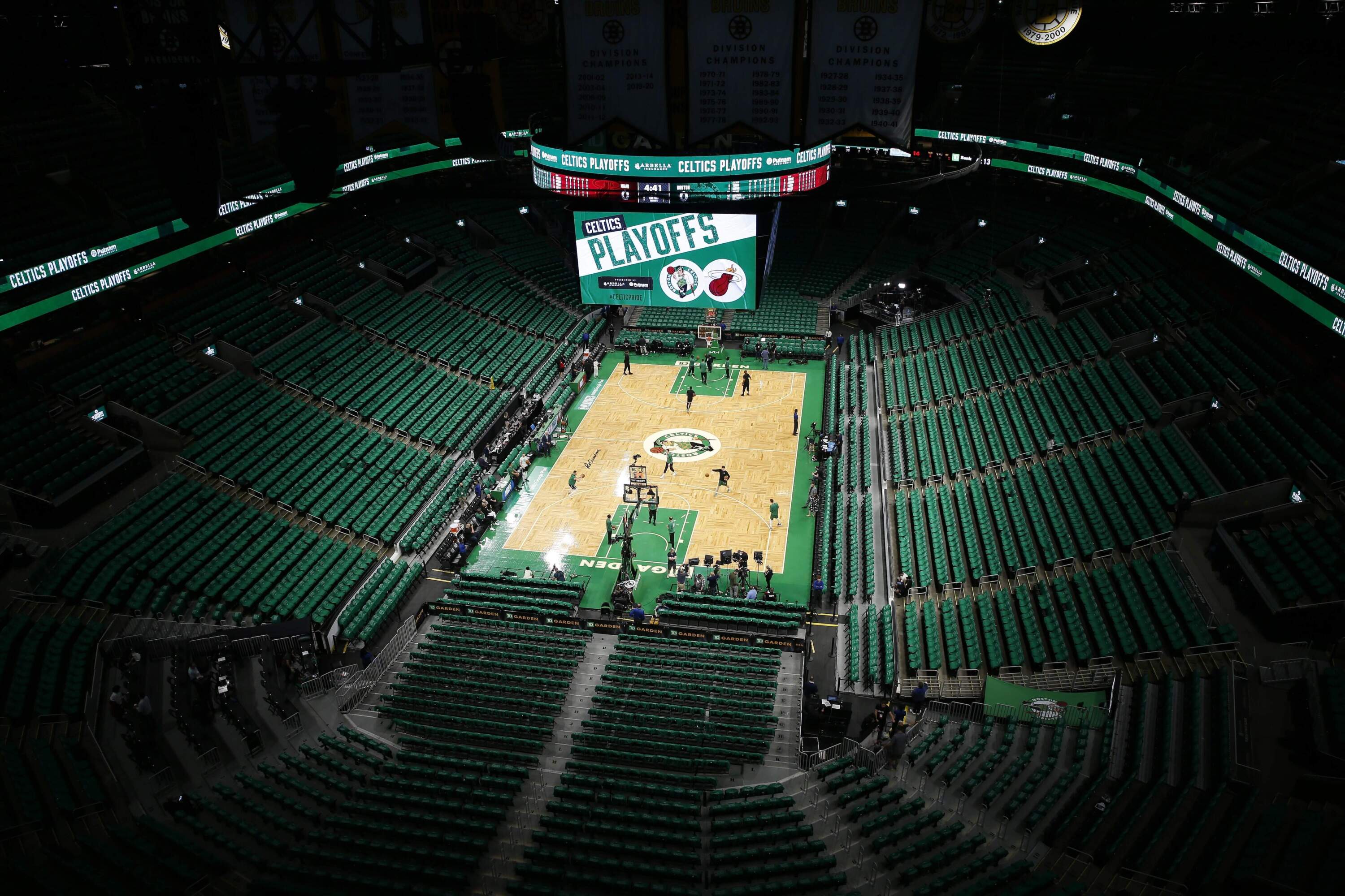 The jumbotron and empty seats at TD Garden. (Michael Dwyer/AP)