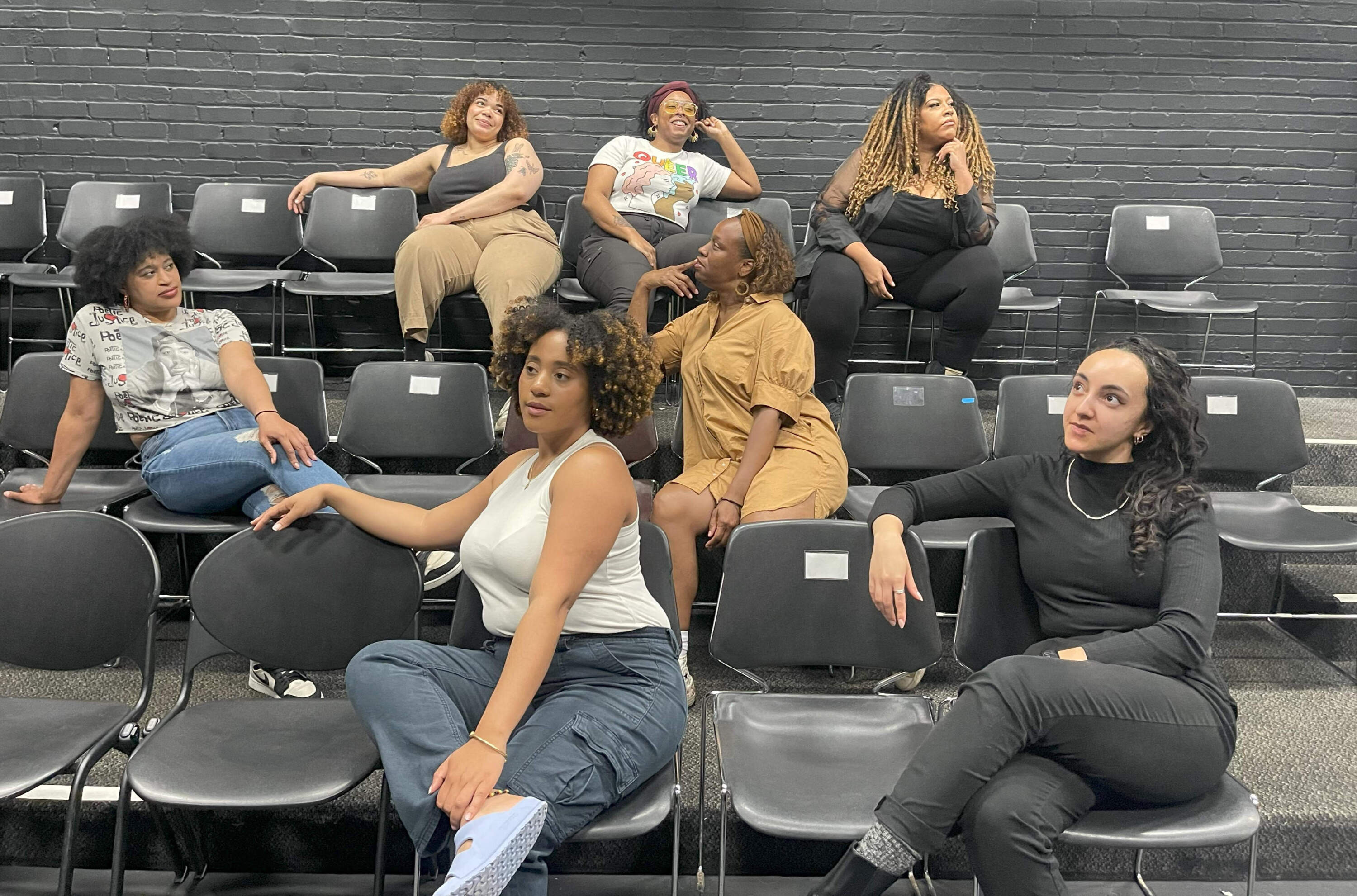 From top left: Elijah Brown, Tonasia Jones, Brandie Blaze, Kaili Y. Turner, Karimah Williams, Albamarina Naha and Eliana Pipes at rehearsal for "Hoops." (Courtesy Kimstelle Merisma)
