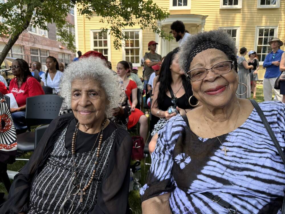 Wilma Browne, right, with friend Lillian O'Neal, at the Juneteenth festivities in Roxbury (Ally Jarmanning/WBUR)