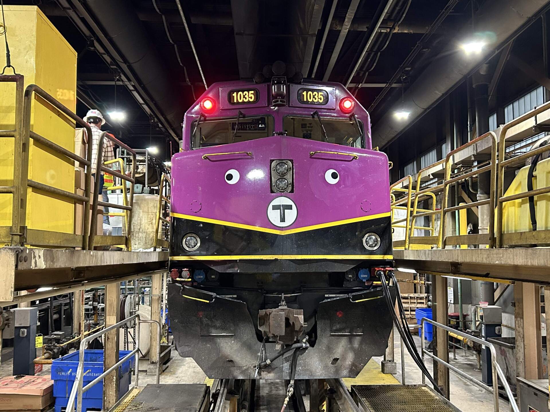 A commuter rail train outfitted with googly eyes. It's the only commuter rail train donning the new look. (Courtesy MBTA)