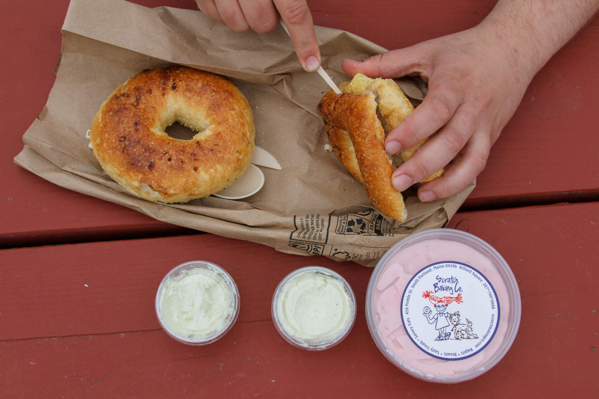 Scratch Baking Co Maine salt bagels and scream cheese spread. June 21. (Tulley Hescock/Maine Public)