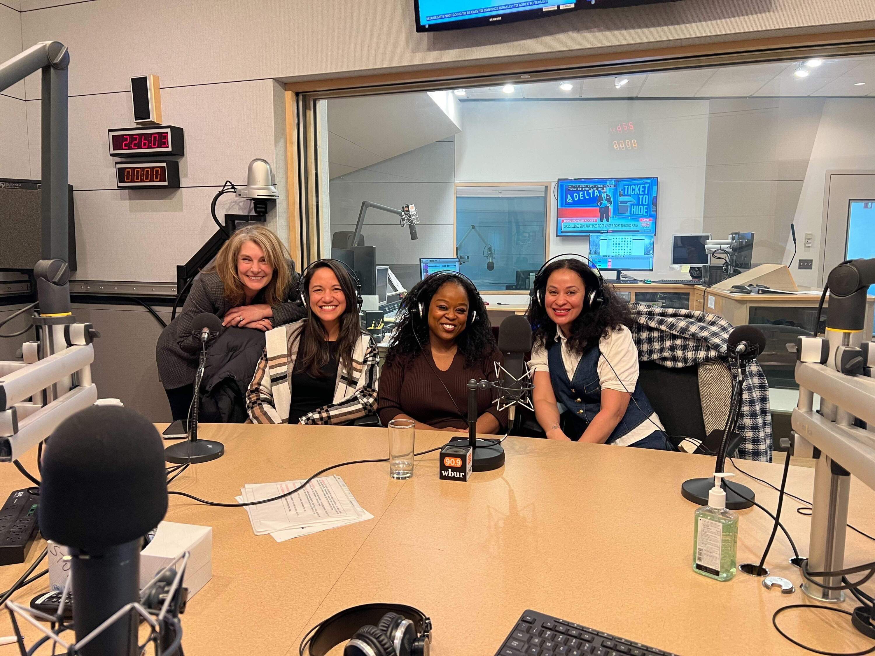 Host Tiziana Dearing with Abby Chin, Kwani A Lunis and Jeneé Osterheldt in the WBUR studio. (Marquis Neal/WBUR)