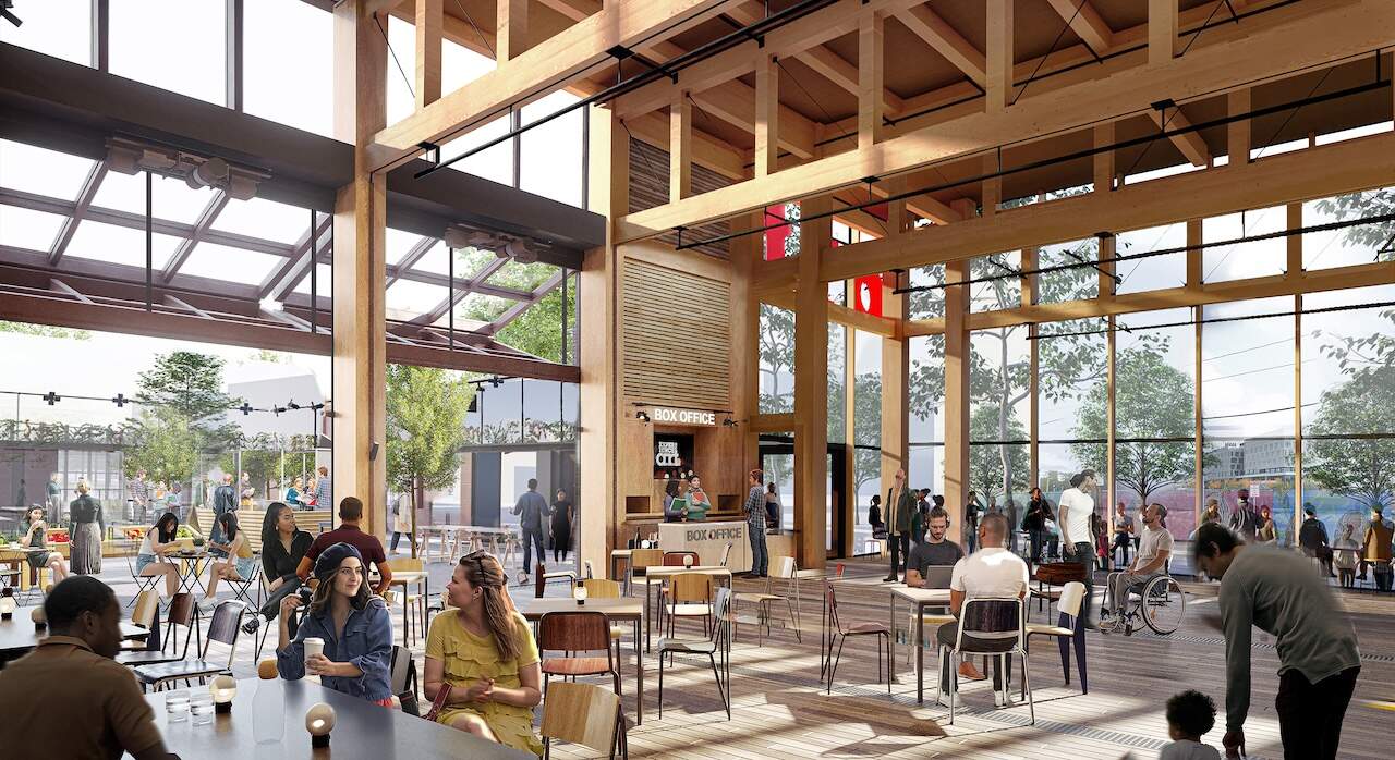 A vast, high-ceilinged lobby will open directly onto a courtyard that can transform into an outdoor performance venue. (Courtesy A.R.T.)