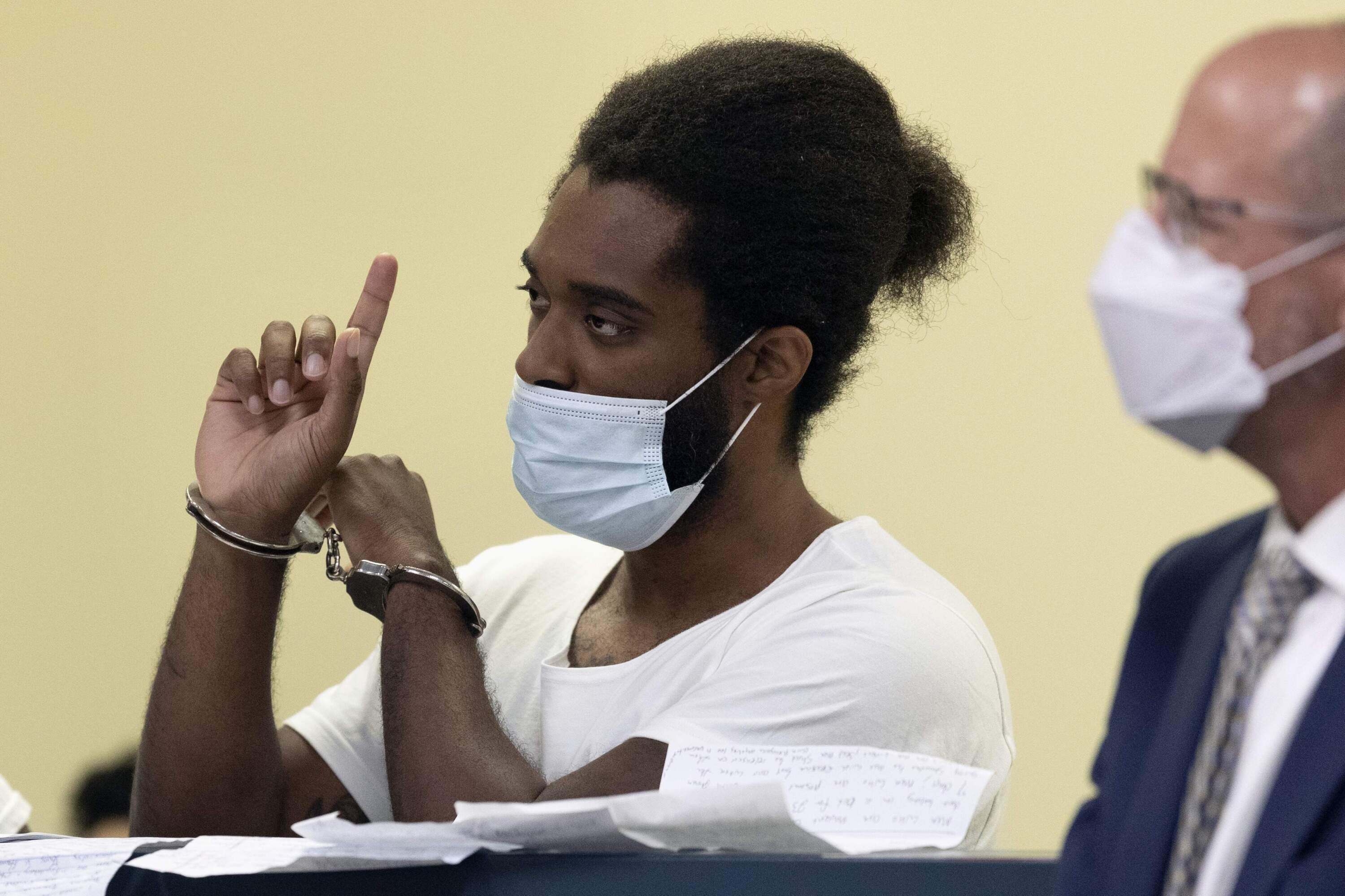 Jamhal Latimer, also known as Jamal Talib Abdulleh Bey, speaks during a dangerousness hearing at Malden District Court, Friday, July 9, 2021, in Medford, Mass. (Michael Dwyer/AP)