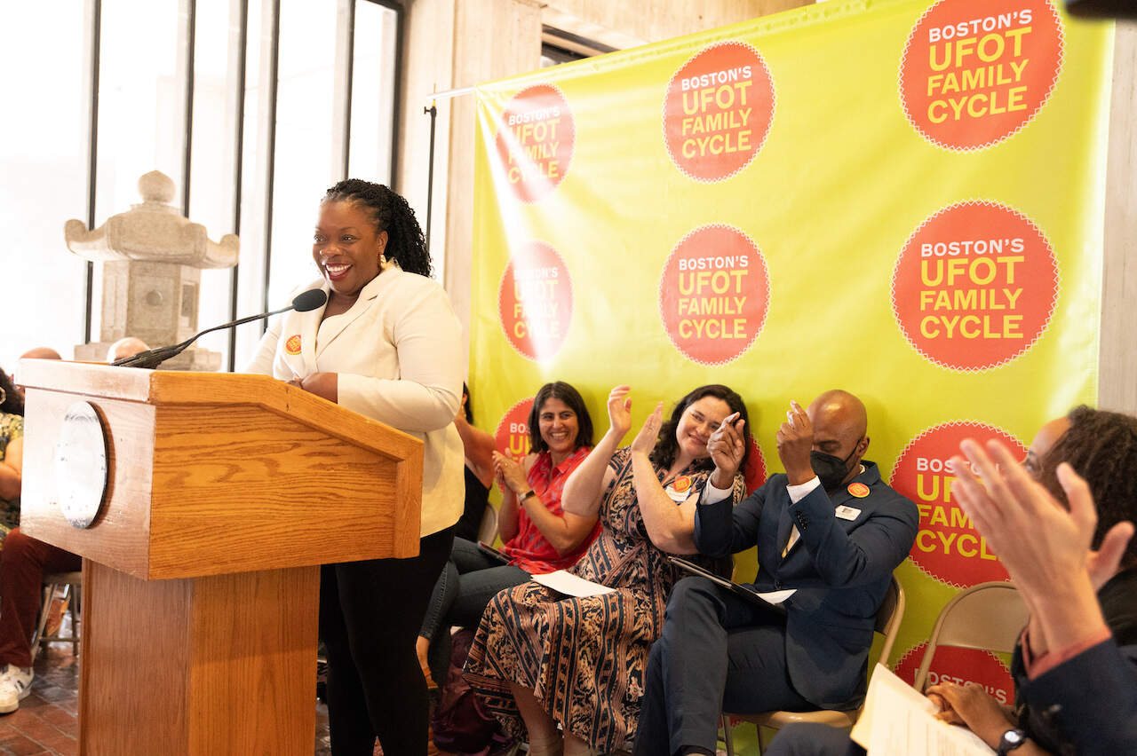 Playwright Mfoniso Udofia is applauded at the announcement for the Ufot Family Cycle which launches this fall with a performance at the Huntington Theatre. (Courtesy Annielly Camargo)