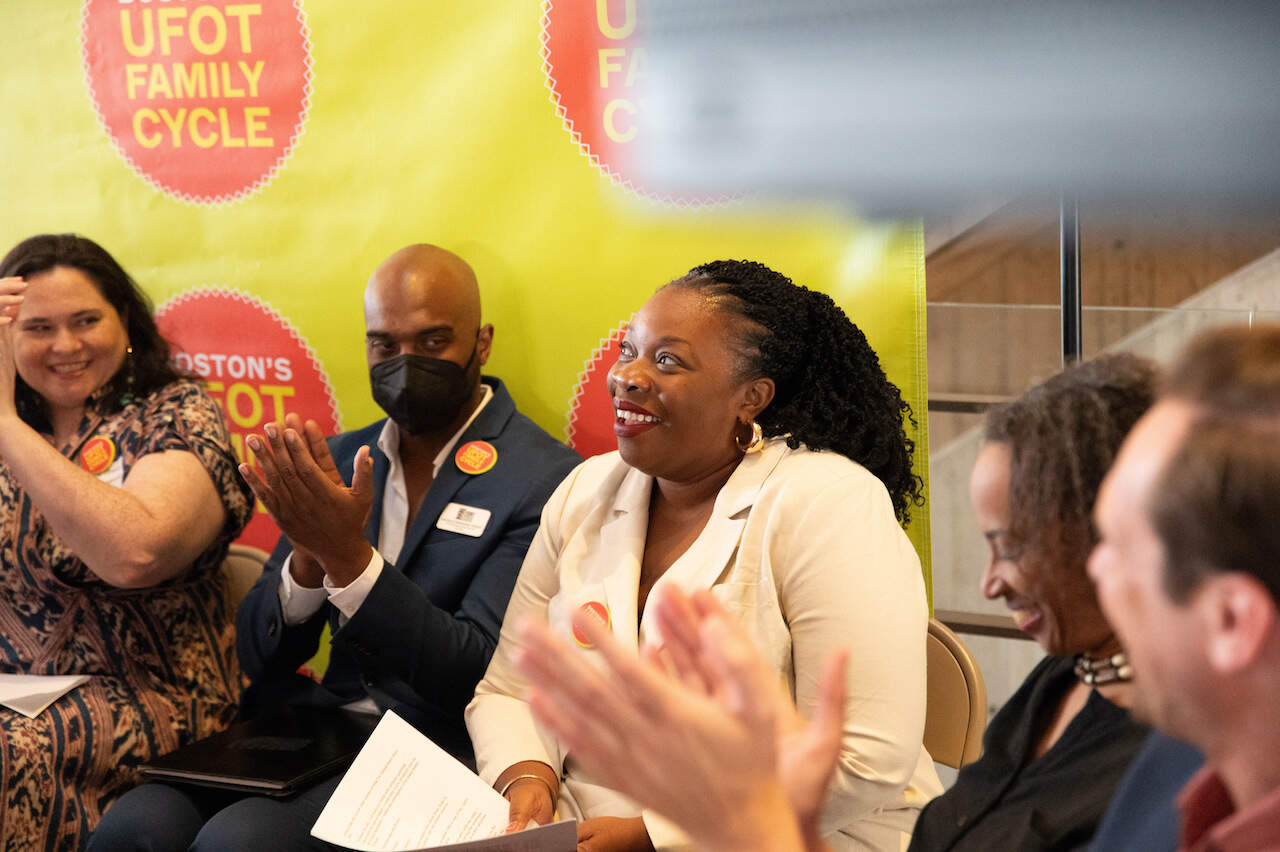 Playwright Mfoniso Udofia at the announcement for her nine-play project, the Ufot Family Cycle at Boston City Hall. (Courtesy Huntington Theatre/Annielly Camargo)