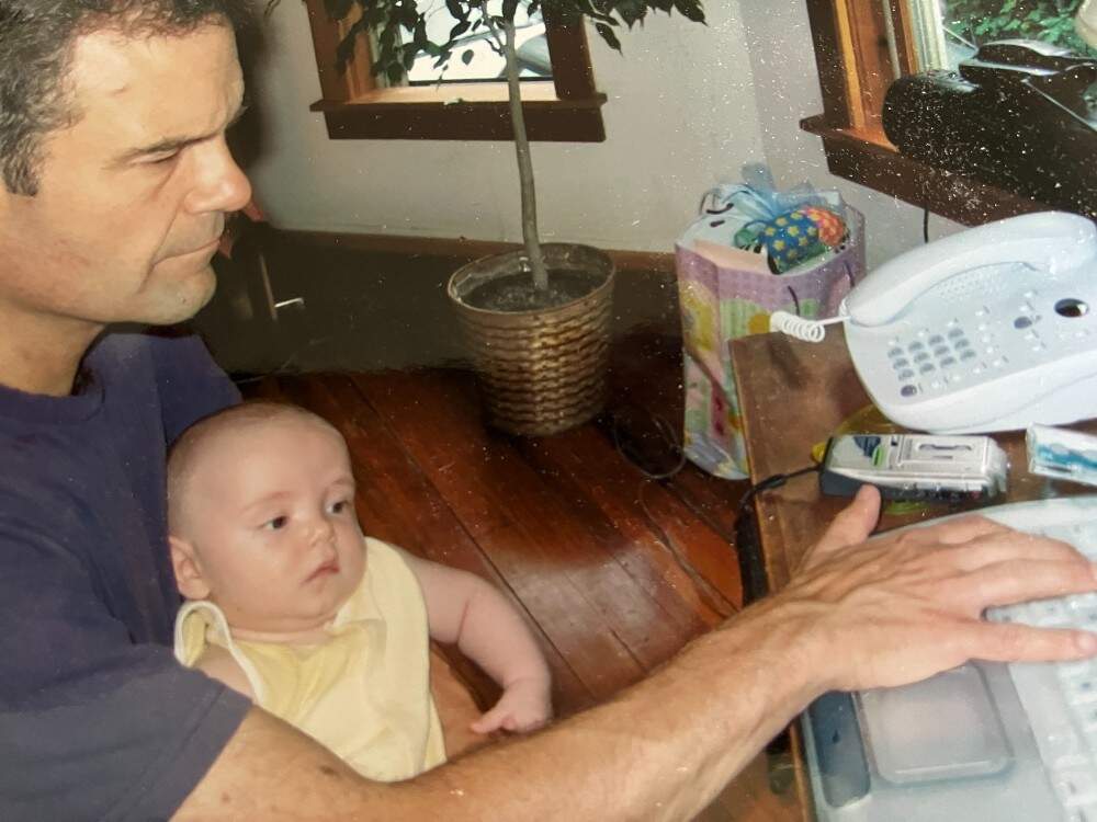 The author and his son, at the computer in 2005. (Courtesy Rich Barlow)