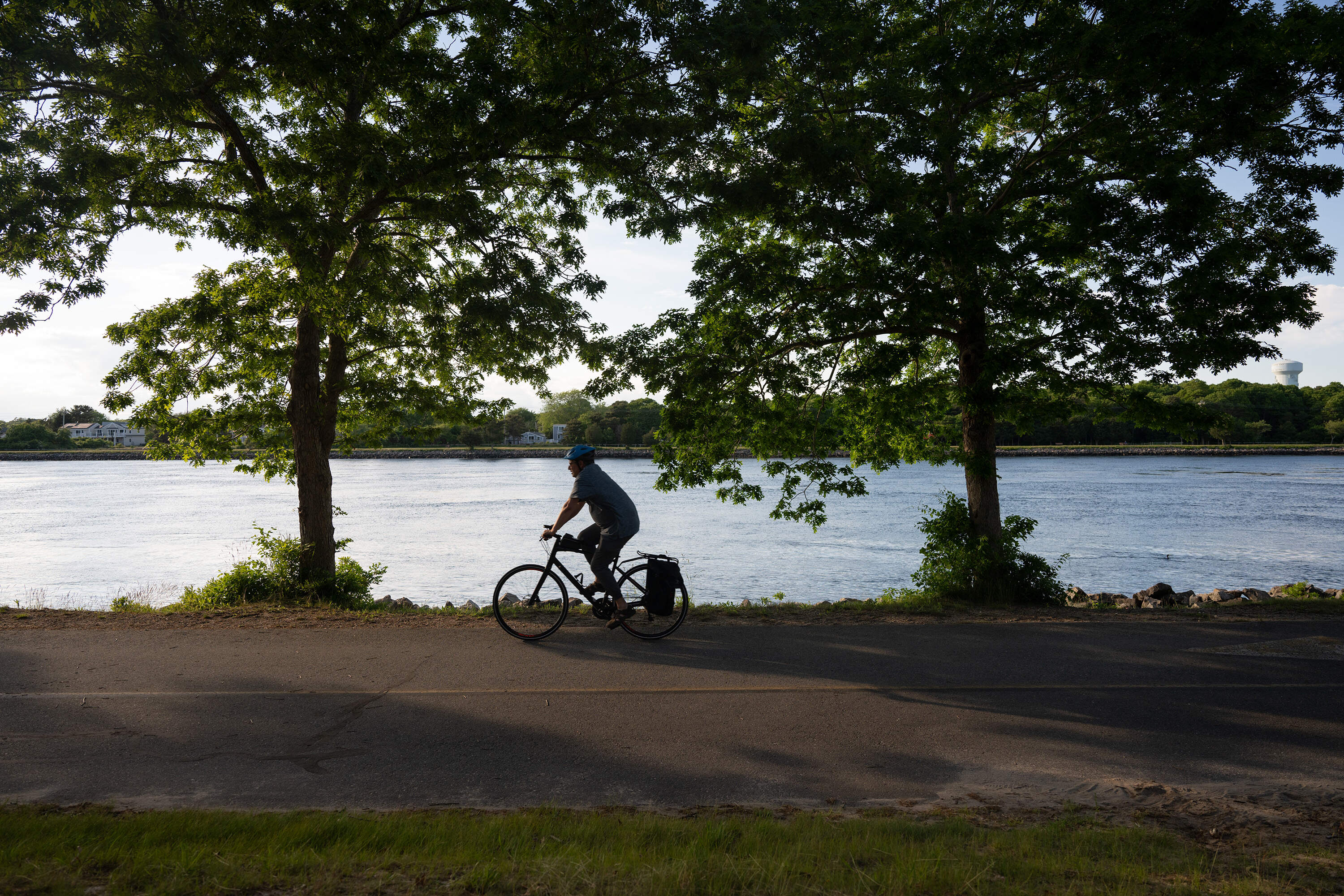 A person rides a bike along the Cape Cod Canal Bikeway in Bourne, Mass. in June 2024. (Raquel C. Zaldívar/New England News Collaborative)