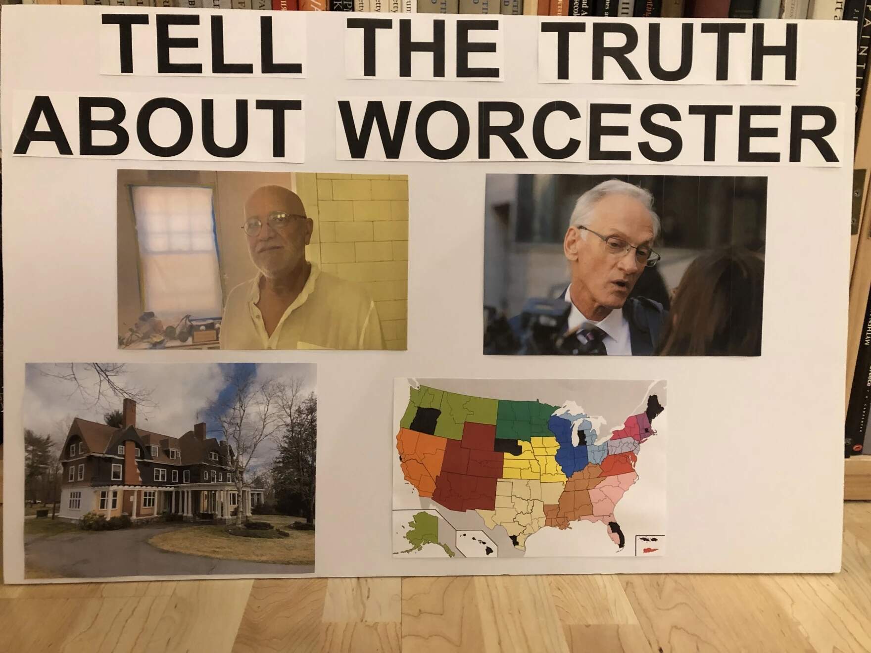 A sign held by picketers outside the Massachusetts Attorney General's office on July 17, 2023. The protesters were asking for the release of a report on the AG's investigation into child sexual abuse at the Worcester, Springfield and Fall River dioceses. Skip Shea, a survivor of abuse at the Worcester Diocese, is pictured on the top left. Another survivor, the late Phil Saviano (right), founded the New England chapter of SNAP, Survivors Network of those Abused by Priests.