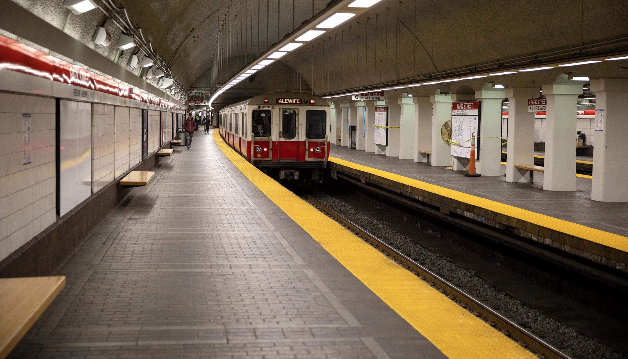 A Red Line MBTA train pulls up to Park Street.(Robin Lubbock/WBUR)