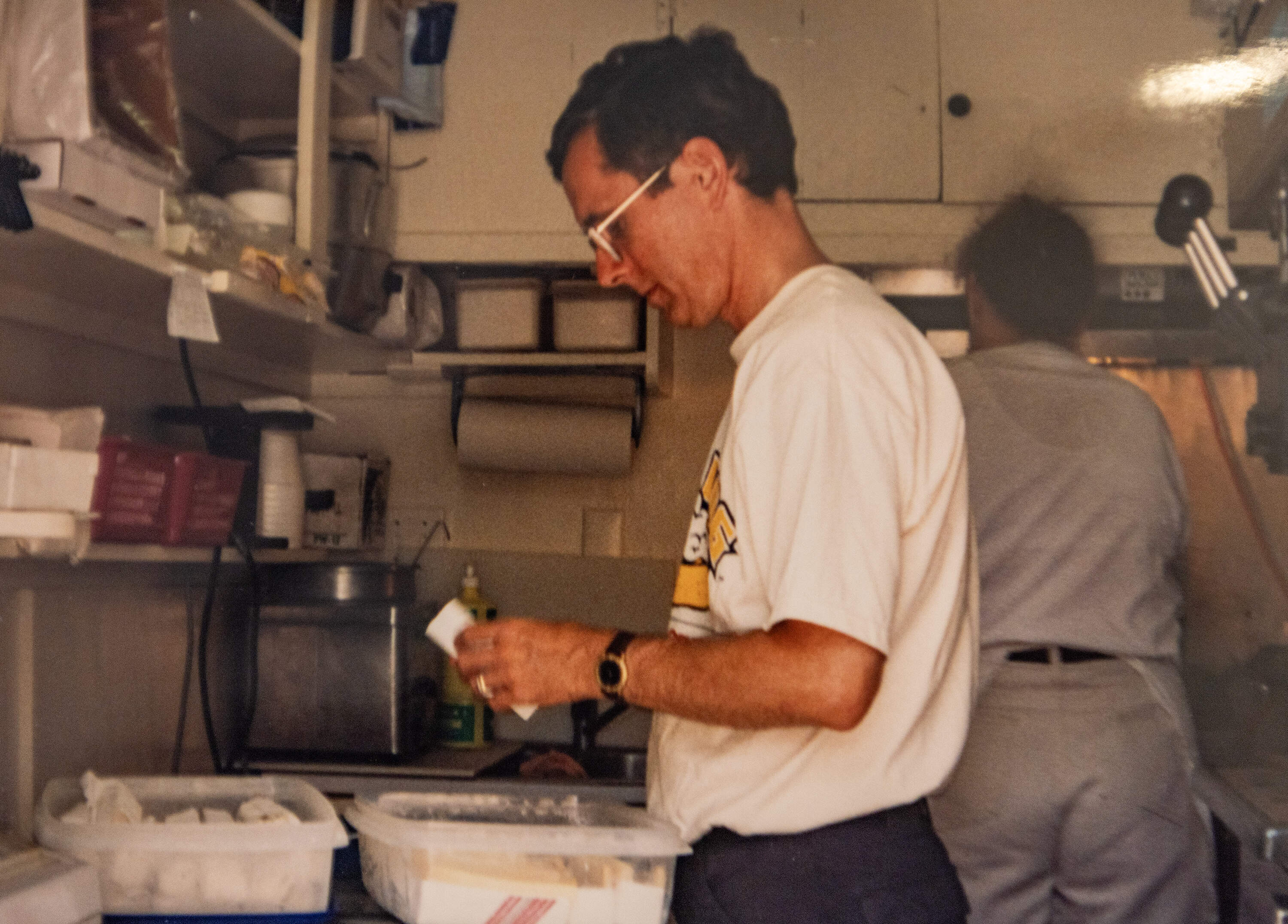 Peter Franklin preparing early Cool Dog prototypes at the Clam Shack in Kennebunkport, Maine in 2001. (Courtesy Peter and Tara Franklin)