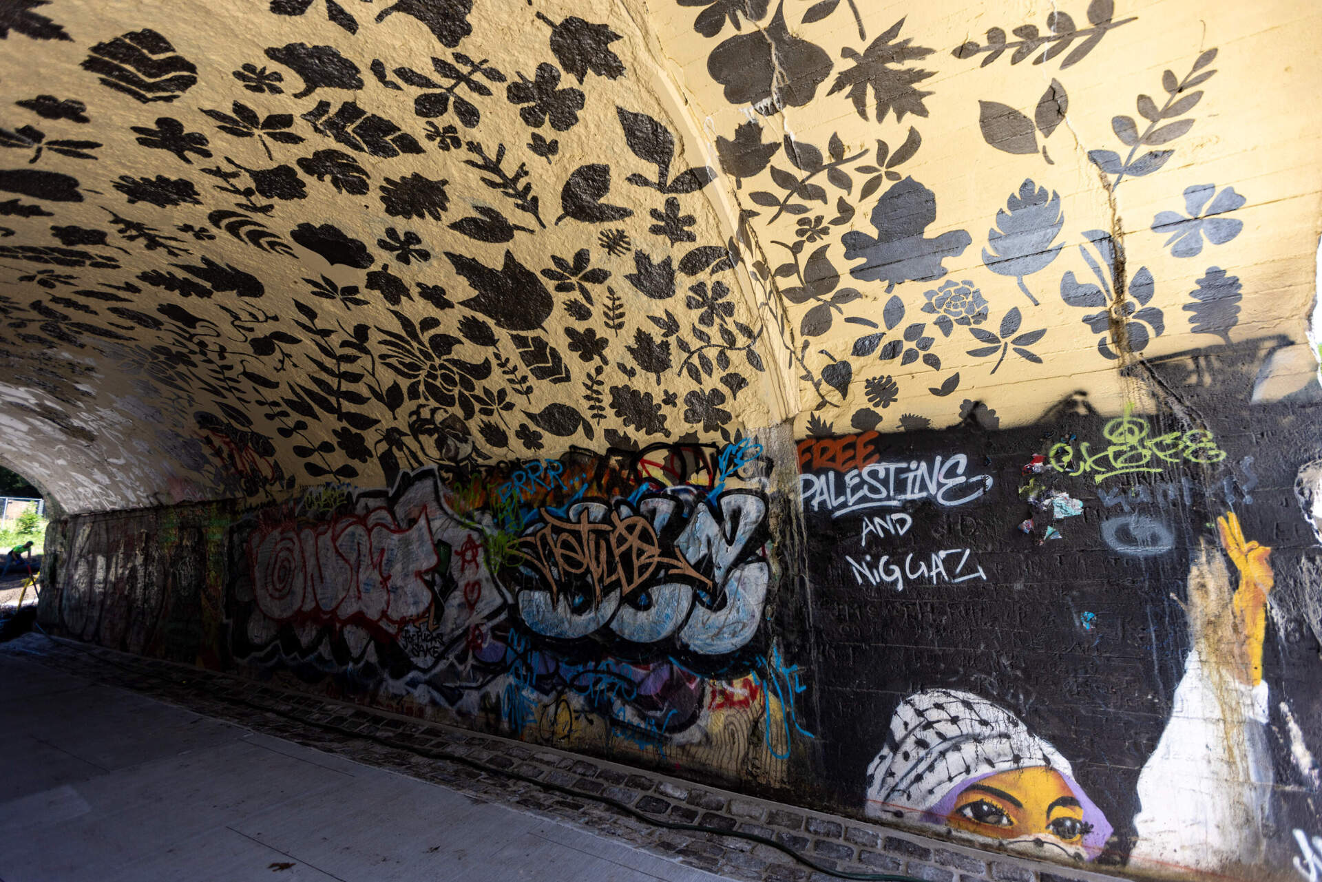 The walls and ceiling of the Arboretum Road bridge entrance are painted with graffiti. (Jesse Costa/WBUR)