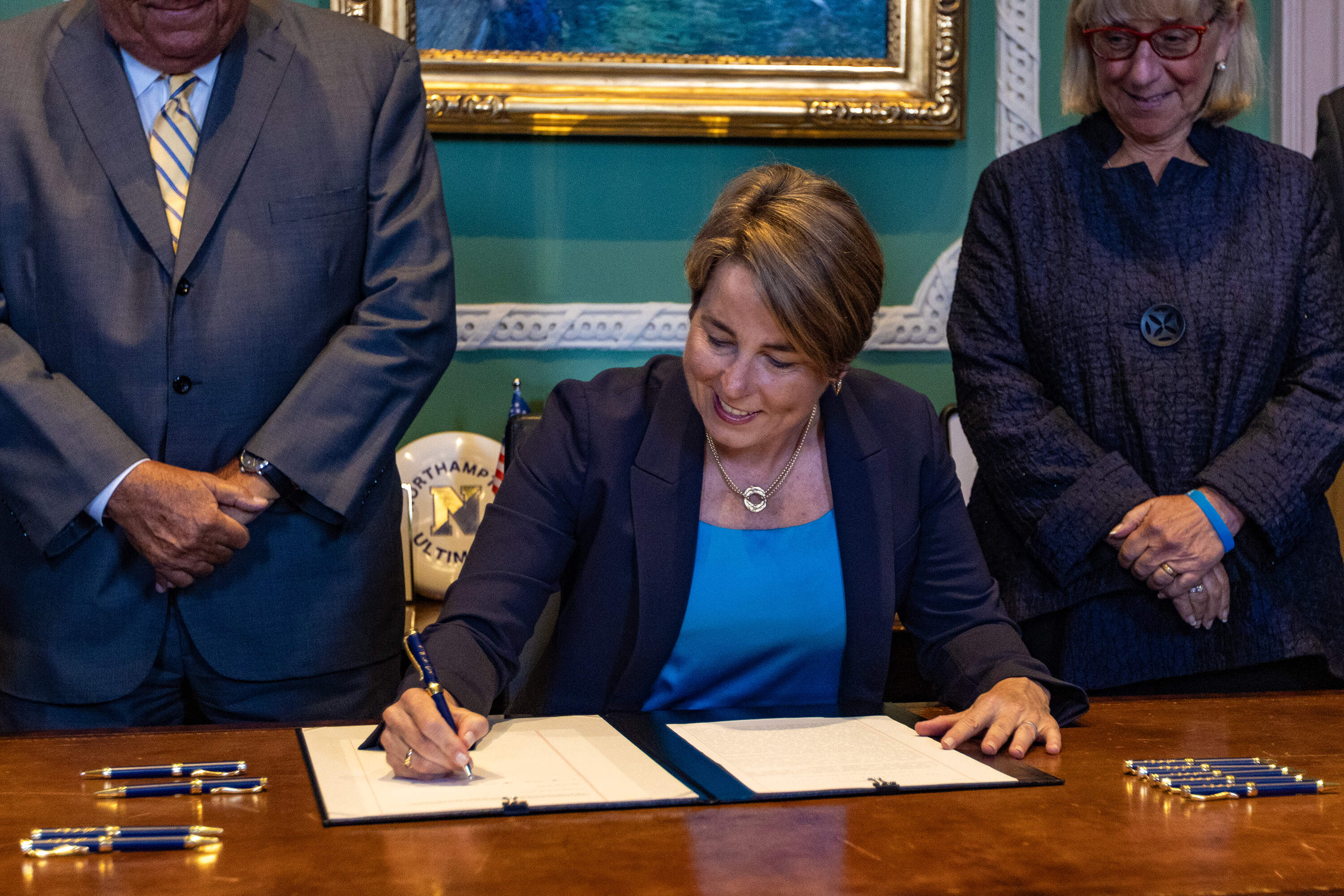 Gov. Maura Healey signs the fiscal 2025 budget at the State House. (Jesse Costa/WBUR)