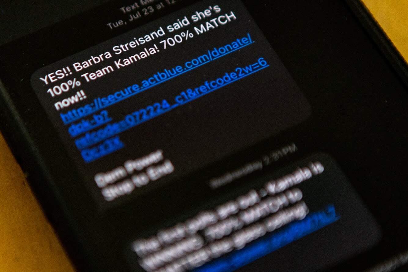 Campaign texts from the Democratic Party after Joe Biden dropped out of the presidential race. (Jesse Costa/WBUR)