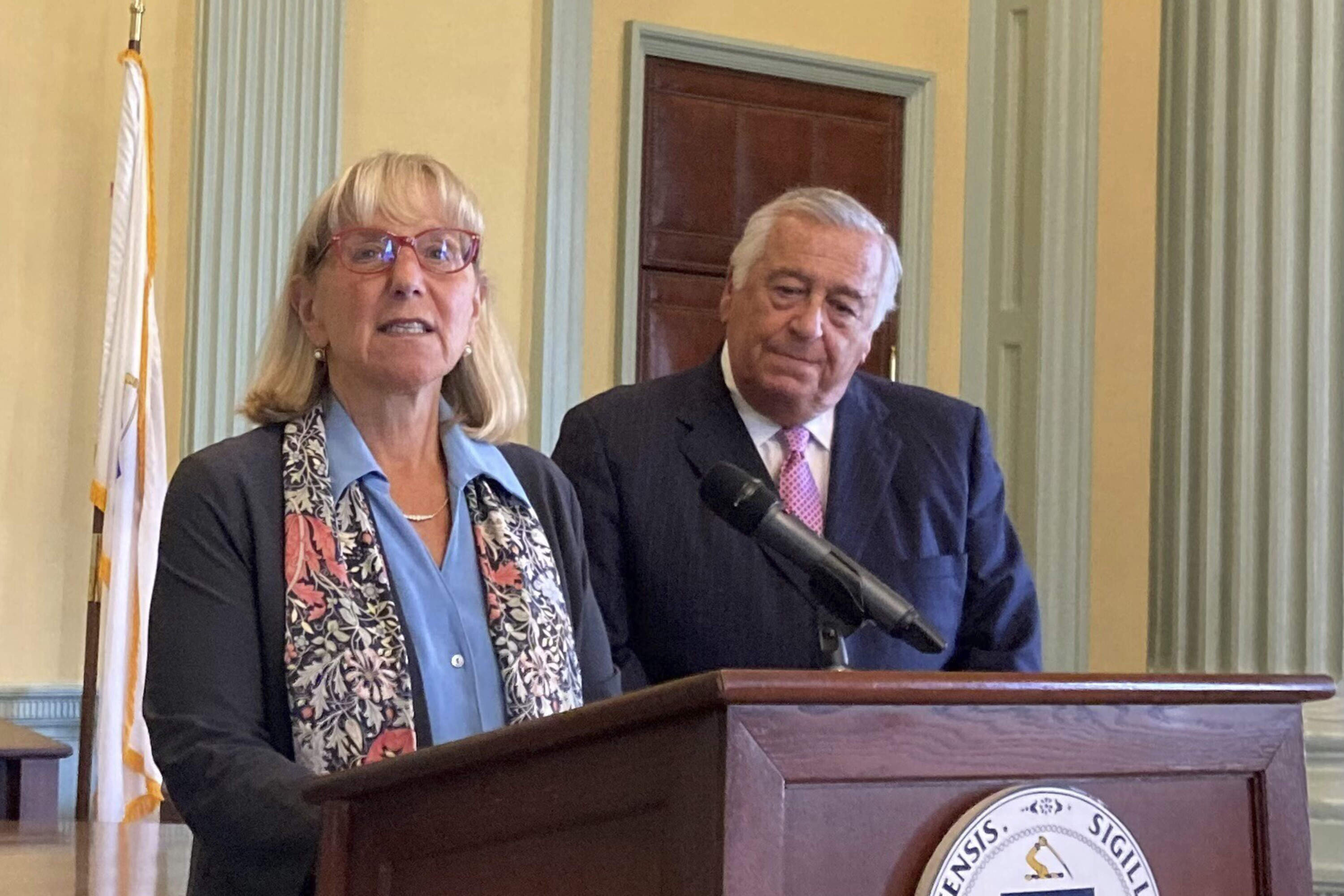 Massachusetts Senate President Karen Spilka and House Speaker Ronald Mariano during a press conference last fall. (Steve LeBlanc/AP)